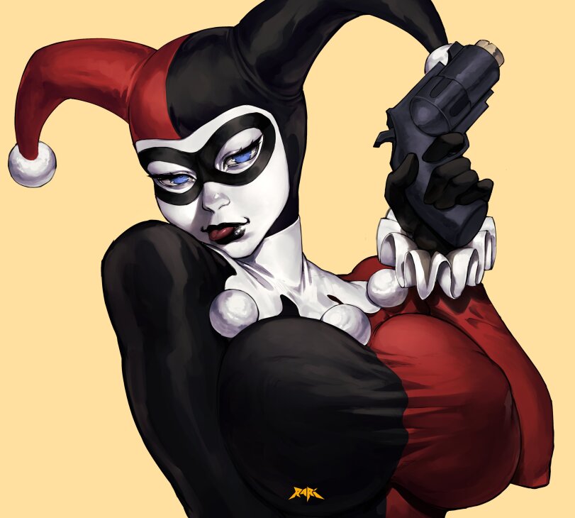 1girls, batman (series), batman: the animated series, big breasts, black clothing, black gloves, black lipstick, blue eyes, collar, dc, dc comics, face mask, gun, harleen quinzel, harley quinn, harley quinn (classic), huge breasts, jester, jester cap, jester costume, jester girl, jester hat, jester outfit, looking at viewer, makeup, pale skin, red clothing, revolver, simple background, solo, solo female, solo focus, spunkyramaz, tounge out, voluptuous