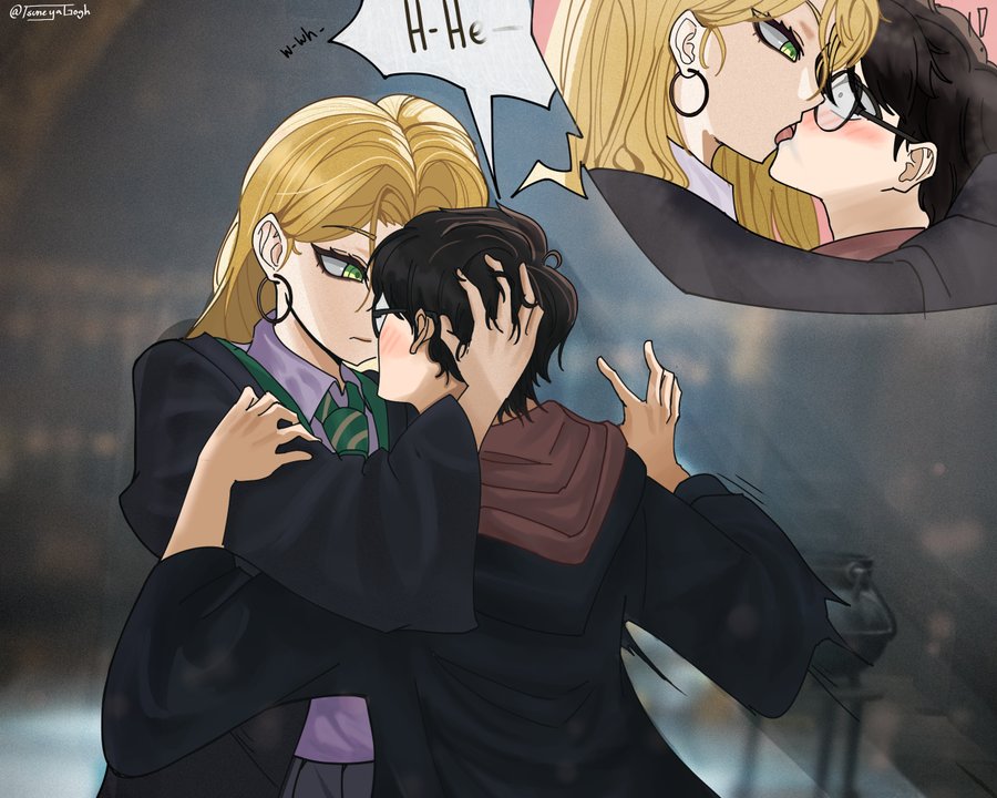 1boy, 1girls, artist request, draco malfoy, draco malfoy (redteneri), embarrassed, emotionless, harry james potter, harry potter, human, human female, human male, kiss, kissing, light-skinned female, tagme