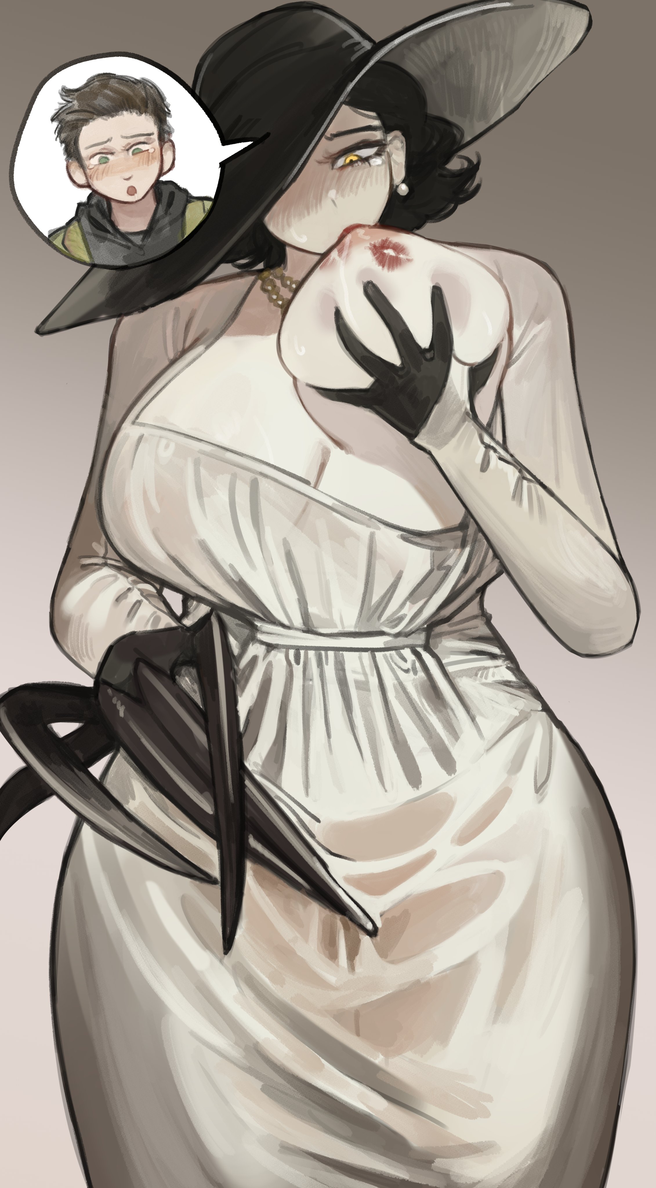 1boy, 1girls, alcina dimitrescu, big breasts, busty, capcom, ethan winters, female, female focus, hat, hips, huge breasts, kiss mark on chest, large breasts, lipstick, lipstick mark, lipstick mark on breast, male, miaojiangyou, mulf, pale skin, pale-skinned female, resident evil, resident evil 8: village, sucking breasts, sucking own breasts, tall female, yellow eyes