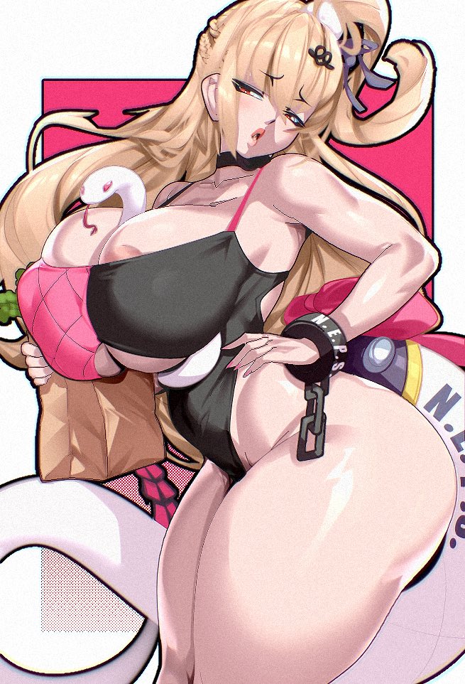 alternate breast size, big ass, big breasts, big butt, blonde hair, chalky (zenless zone zero), cissia (zenless zone zero), cleavage, colored nails, female, female only, huge breasts, huge thighs, jojo reference, large breasts, light skin, light-skinned female, long hair, long nails, painted nails, pink nails, rice-chan, snake girl, snake tail, thick thighs, thiren, zenless zone zero