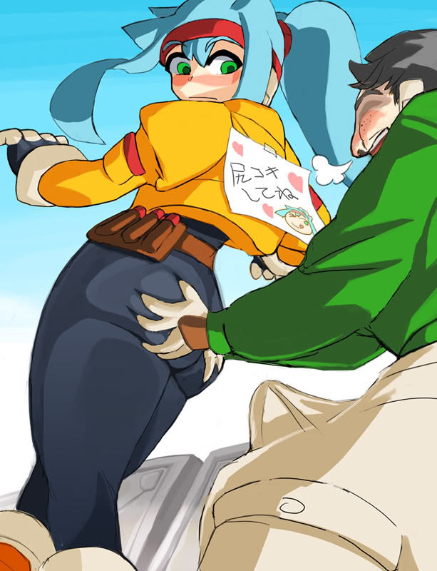 ashe_(megaman_zx) ass ass_grab blue_hair blush blushing erection green_eyes heavy_breathing jacket japanese_text looking_at_penis looking_back looking_down machbow mega_man mega_man_zx penis surprise surprised