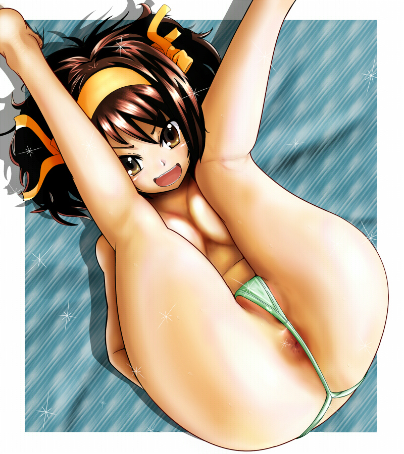 anus ass brown_hair clothes color exposed_breasts female female_only g-string hair hair_ribbon human panties pururun_z ribbon solo sparkle suzumiya_haruhi suzumiya_haruhi_no_yuuutsu thong topless uncensored underwear