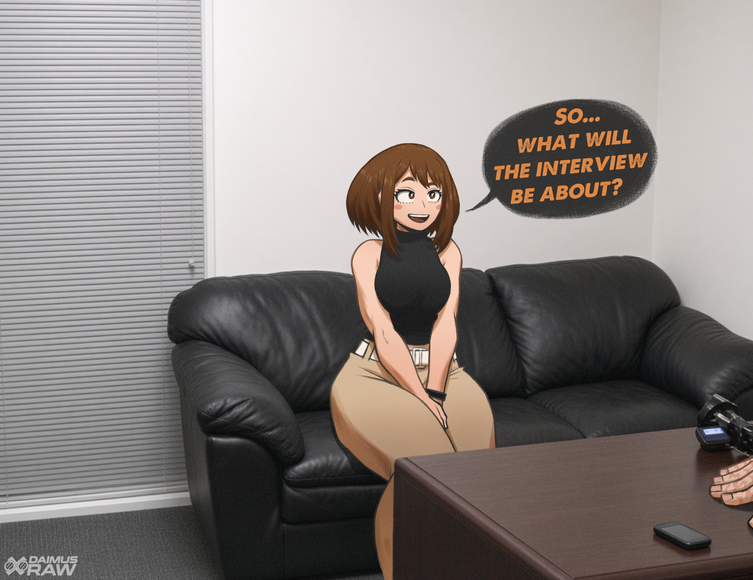 1boy1girl, ass, big ass, big butt, boku no hero academia, boku no hero academia (finale), boobs, breasts, brown eyes, brown hair, camera, casting couch, clothed, clothing, couch, curvaceous, curvaceous figure, curvy, curvy body, curvy female, curvy figure, curvy hips, daimus raw, daimusraw, deku, dialogue, dress, hetero, illustration, impending sex, interview, izuku midoriya, juicy ass, male/female, midoriya izuku, my hero academia, my hero academia (finale), ochako uraraka, post-timeskip, scar, scars, scars on hand, sitting, sleeveless shirt, text, text bubble