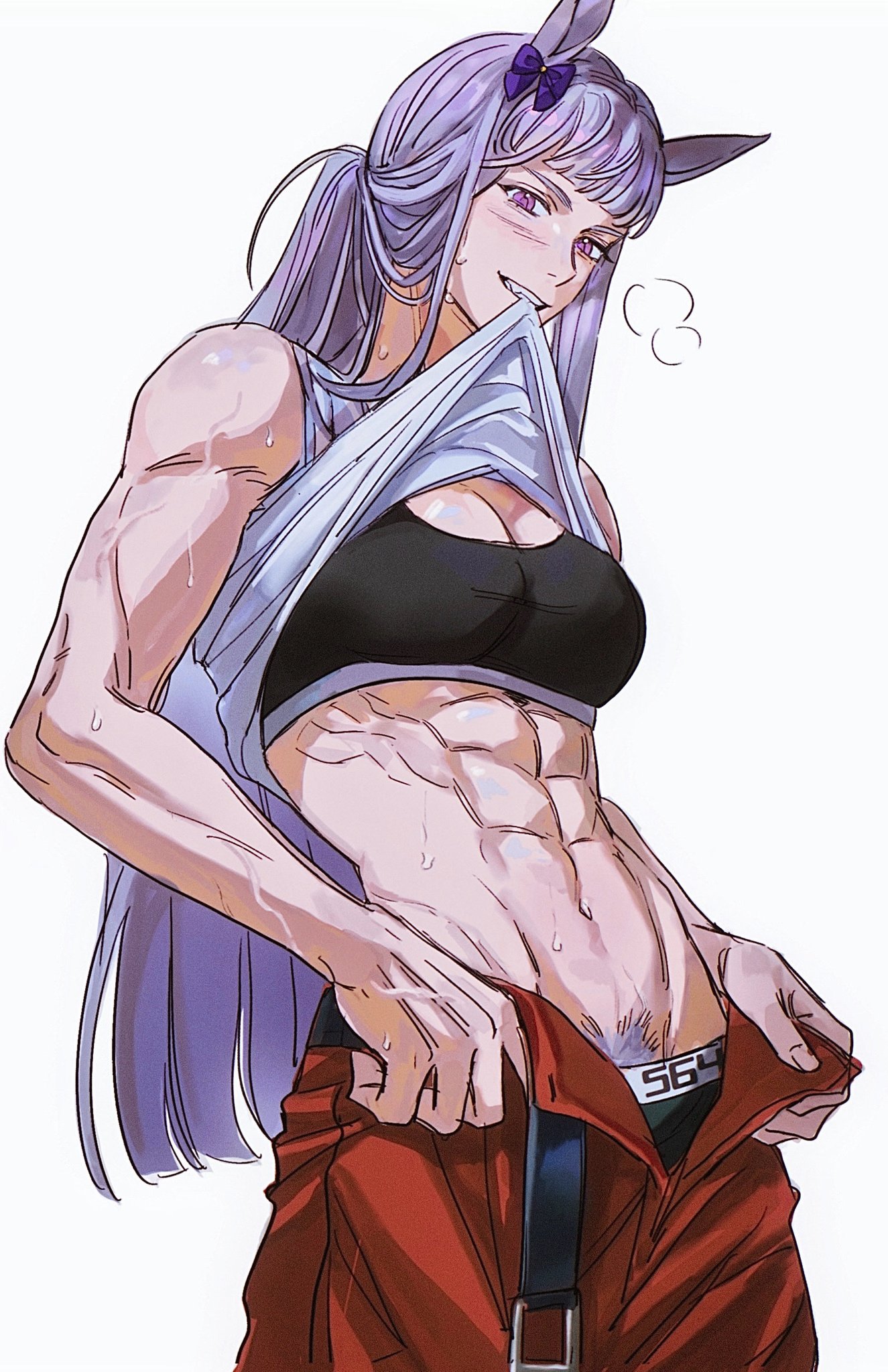 abs, artist request, athletic, athletic female, belly, belly button, cleavage, female pubic hair, gold ship (umamusume), grey hair, horse, horse ears, horse girl, humanoid, kemonomimi, long hair, looking at viewer, midriff, midriff baring shirt, midriff peek, muscles, muscular, muscular female, navel, pink eyes, pubic hair, pubic hair peek, sports bra, sportswear, stomach, sweat, sweat fetish, sweatdrop, sweating, sweaty, sweaty abs, sweaty body, sweaty breasts, tagme (artist), toned, toned female, umamusume, umamusume pretty derby, white hair