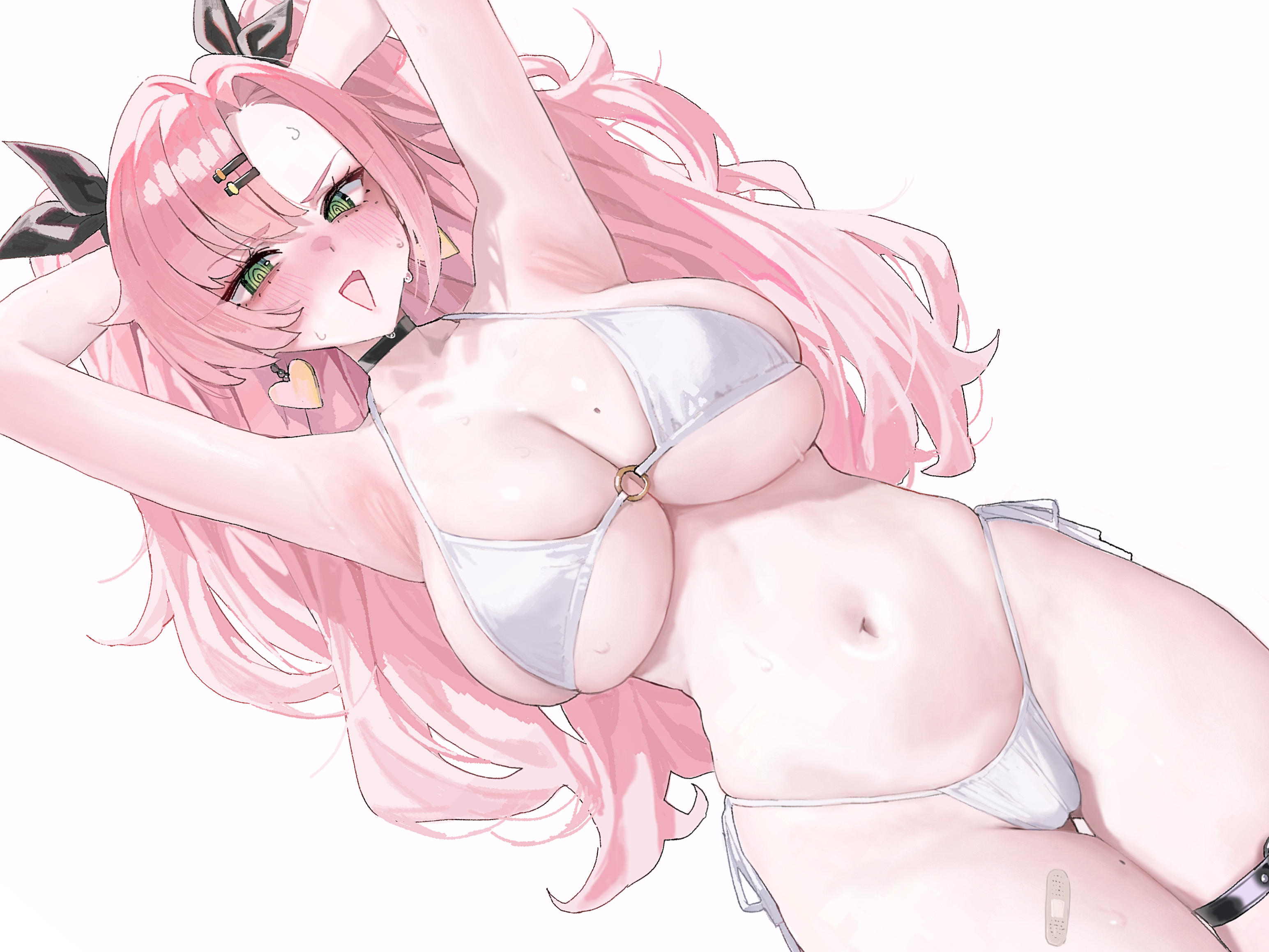 1girls, alternate version available, armpits, arms behind head, bandaid, bandaid on thigh, big breasts, bikini, bikini bottom, bikini top, blush, bottomwear, breasts, cleavage, ear piercing, earrings, female, female only, green eyes, hair, hair ornament, hair ribbon, hairclip, heart earrings, hips, huge breasts, long hair, mochirong, mole, mole on breast, mole on thigh, mole under eye, nicole demara, o-ring, o-ring bikini, pink hair, ribbon, smile, solo, solo female, sweat, sweatdrop, swimwear, thighs, topwear, twintails, white background, zenless zone zero