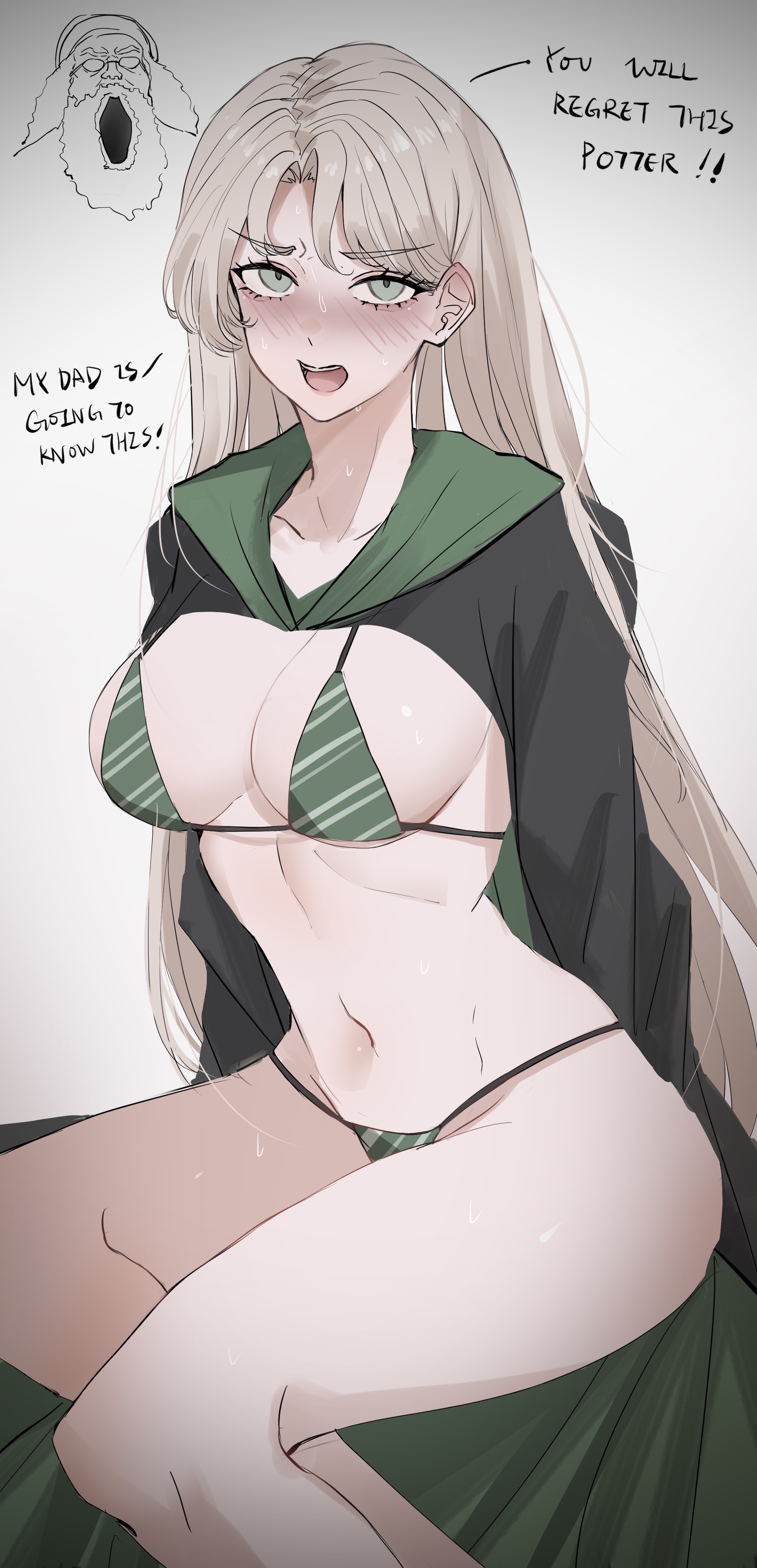 1girls, artist request, breasts, draco malfoy, draco malfoy (redteneri), female, female focus, female only, genderswap, harry potter, large breasts, light skin, light-skinned female, looking at viewer, rule 63, school uniform, solo, wide hips