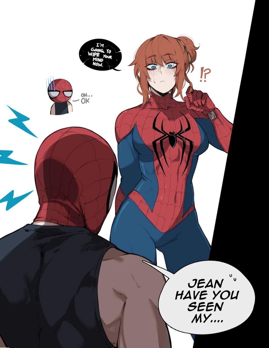 1boy, 1girls, 2026, 2d, 2d (artwork), alternate costume, athletic female, blue eyes, blush, boobs, breasts, dialogue, female, hair bun, hero, heroine, hips, jean grey, light skin, light-skinned female, male, marvel, marvel cinematic universe, marvel comics, masoq095, messy hair, muscular, muscular male, peter parker, red hair, redhead, sadie sink, sexy, sexy female, simple background, slim waist, speech bubble, spider-man, spider-man (series), spider-man: brand new day, superhero, superheroine, sweat, text, text bubble, thick thighs, thighs, white background, wide hips, x-men