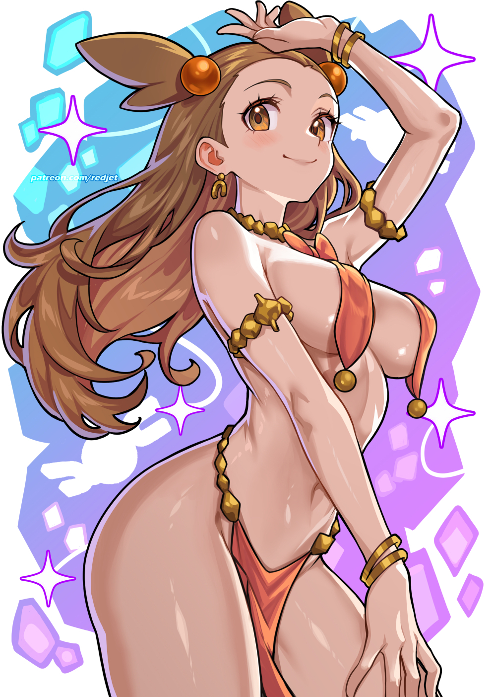 1girl, bracelet, breasts, brown hair, cowboy shot, earrings, gold bracelet, gold choker, gold earrings, harem outfit, highres, jasmine (pokemon), jewelry, long hair, looking at viewer, medium breasts, navel, nintendo, orange eyes, pokemon, pokemon heartgold and soulsilver, redjet, revealing clothes, single earring, smile, solo, watermark