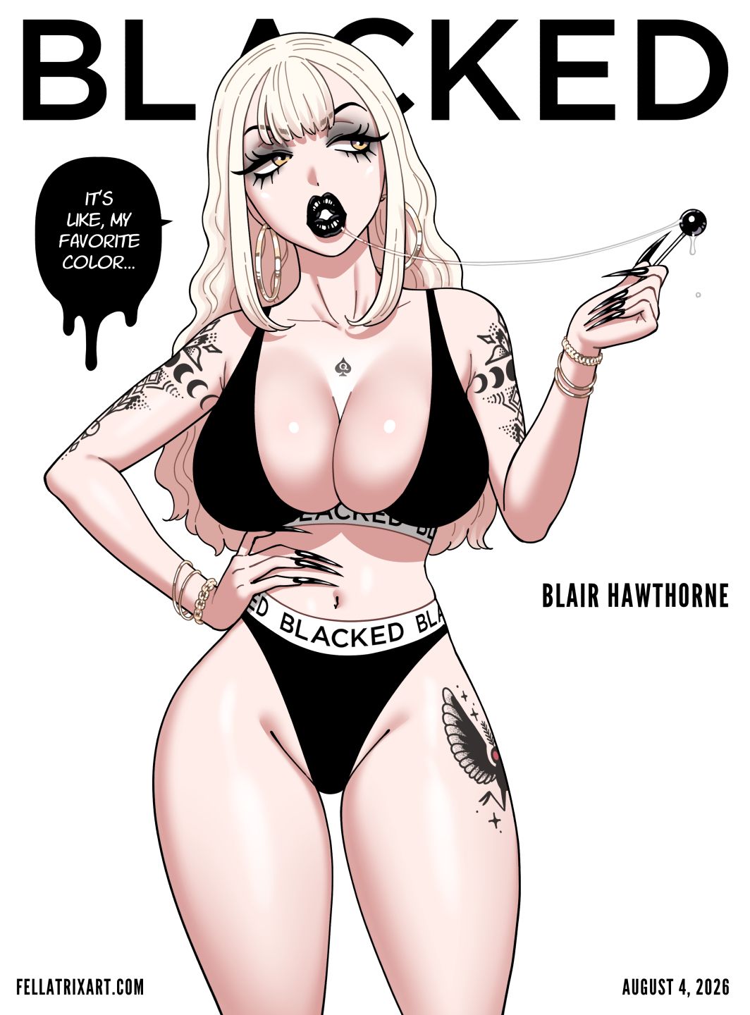 bimbo, black lipstick, blacked, blair (fellatrix), blonde hair, fellatrix, goth, hoop earrings, hoop earrings oversized, lollipop, long hair, long nails, queen of spades, saliva, saliva string, tattoo, tattoos, underwear
