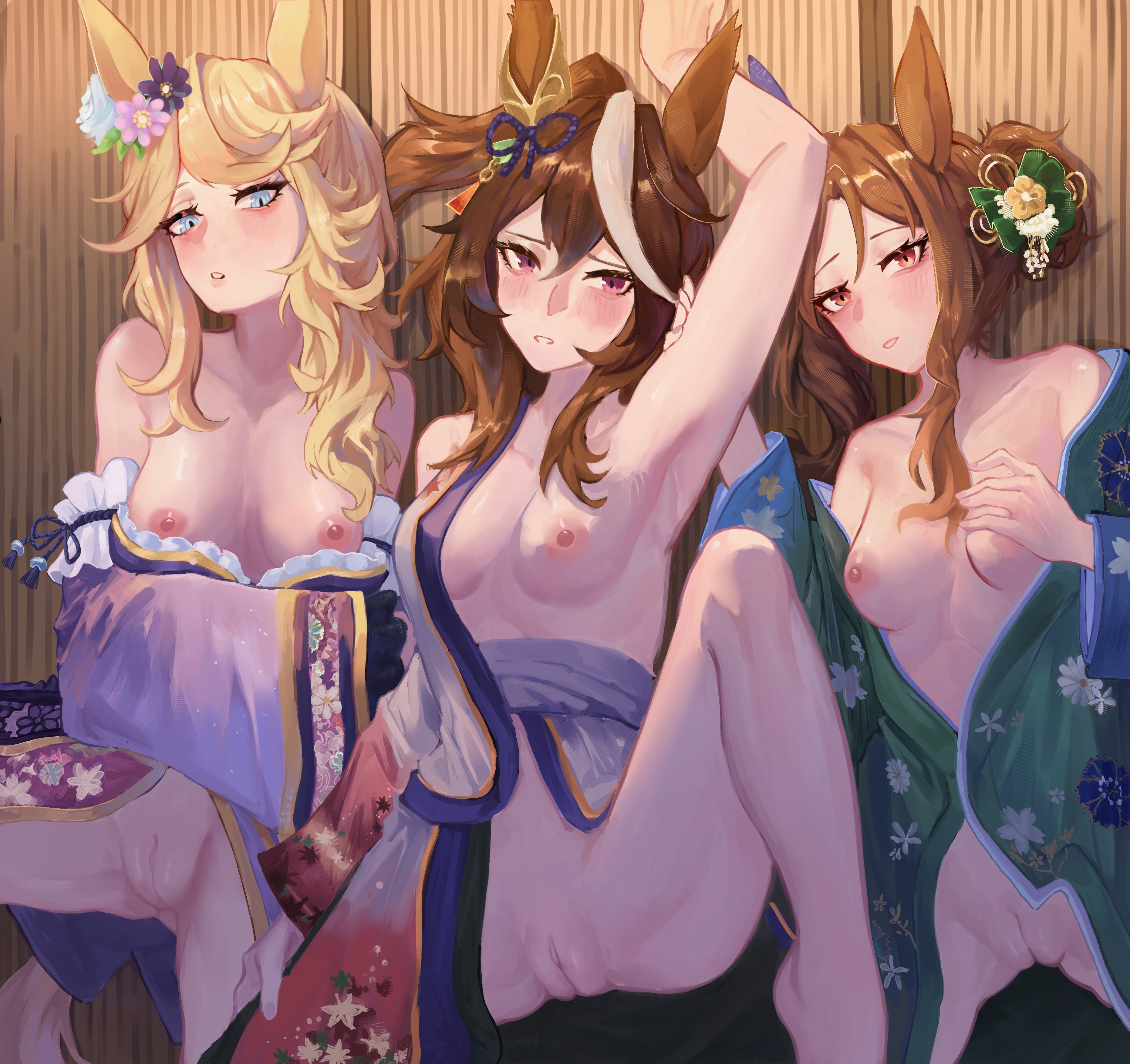 3girls, arm up, armpits, bahhkarh, blonde hair, blue eyes, blush, brown hair, commission, gold city (umamusume), horse ears, horse girl, horse tail, kimono, king halo (umamusume), leg up, long hair, looking at viewer, lying, lying on back, medium breasts, navel, nipples, open mouth, purple eyes, pussy, red eyes, symboli rudolf (umamusume), tatami, umamusume, umamusume pretty derby, white hair