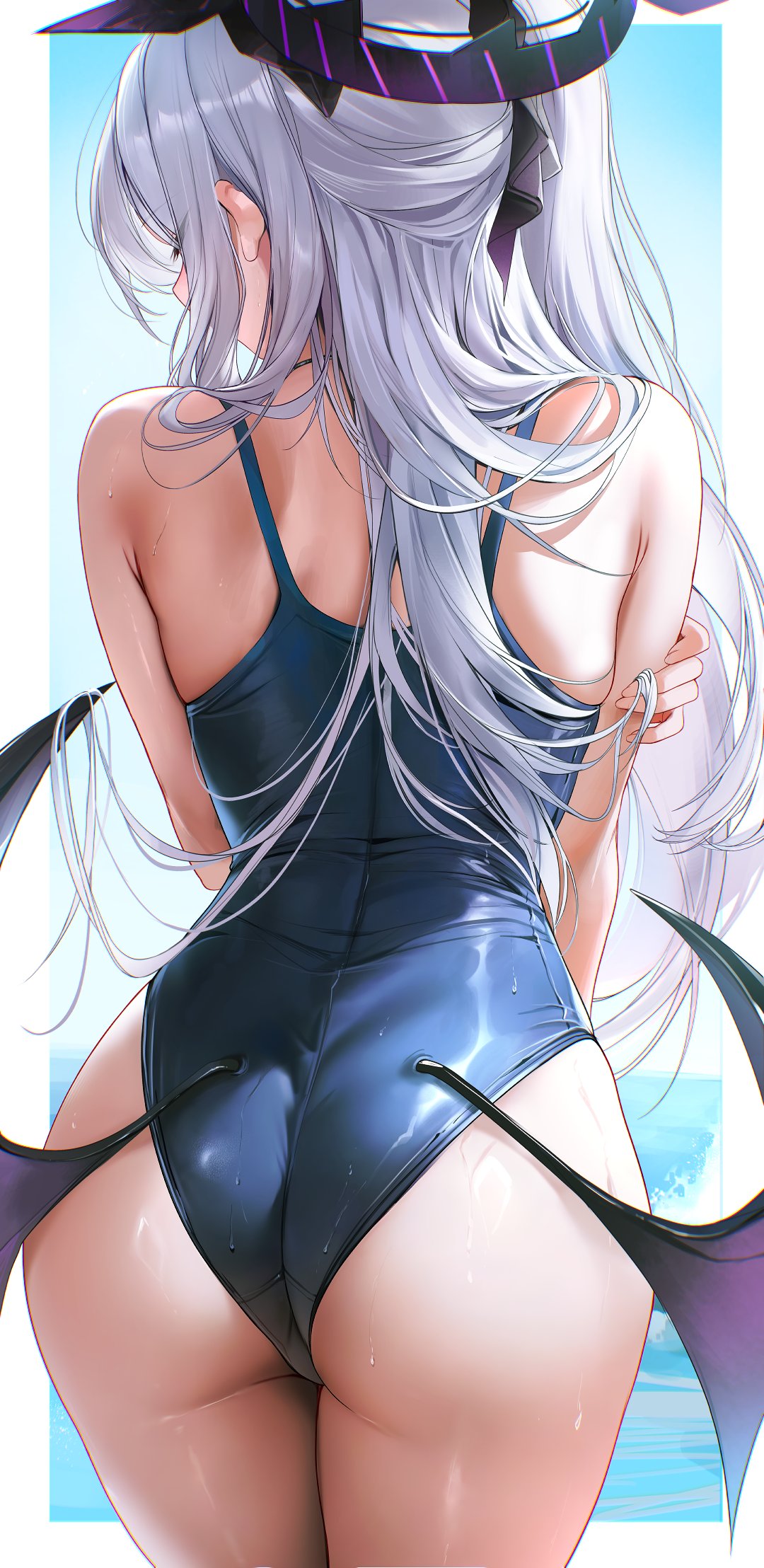 1girl, 1girls, ass, ass focus, back focus, blue archive, blue one-piece swimsuit, closed eyes, demon girl, demon horns, demon wings, female, female only, from behind, grey hair, halo, hina (blue archive), hina (swimsuit) (blue archive), long hair, low wings, re0n, solo, thighs, wet