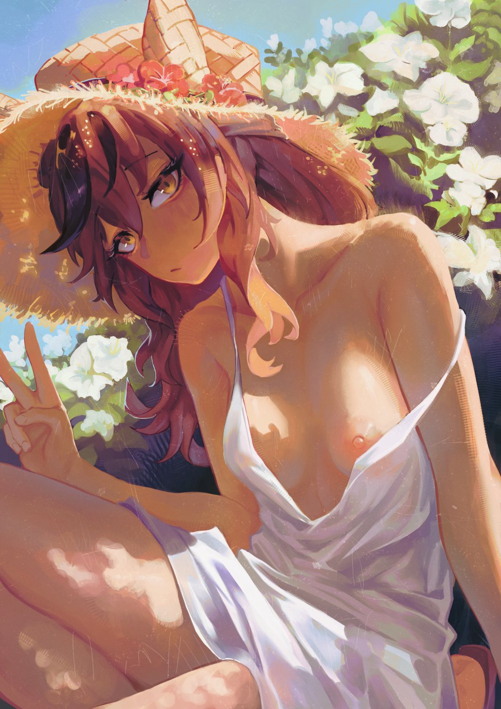 1girl, bahhkarh, breasts, brown eyes, brown hair, collarbone, cygames, dappled sunlight, horse ears, horse girl, long hair, looking at viewer, nice nature (umamusume), nipples, no bra, one breast out, outside, red hair, small breasts, solo, strap slip, sun hat, sundress, thighs, umamusume, umamusume pretty derby, white dress
