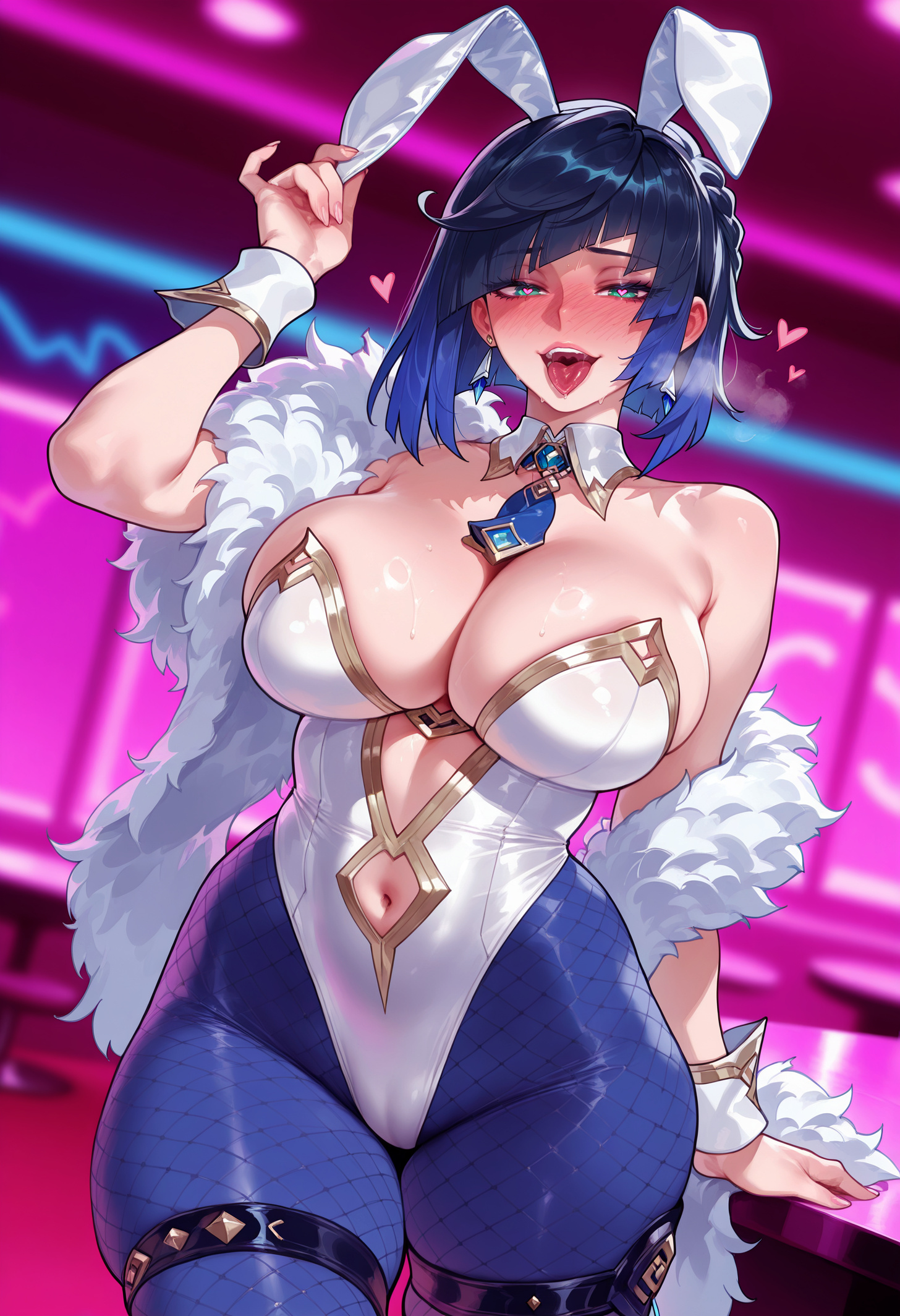 1girl, 1girls, ai generated, animal ears, artoria pendragon (swimsuit ruler) (fate) (cosplay), balecxi, bare shoulders, big breasts, black hair, blue hair, blue necktie, blue pantyhose, blurry background, blush, bob cut, breasts, bunnysuit, cleavage, clothing, clothing cutout, cowboy shot, curvaceous, curvaceous female, curvaceous figure, curvy, curvy figure, detached collar, diagonal bangs, dice, earrings, fake animal ears, feather boa, female, female focus, female only, fishnets, fur trim, genshin impact, gradient hair, green eyes, heart-shaped pupils, highleg, highleg leotard, hoyoverse, indoors, inviting, inviting to sex, jewelry, large breasts, leotard, light-skinned female, looking at viewer, mihoyo, mole, mole on breast, multicolored hair, naughty face, navel, navel cutout, necktie, nose blush, open mouth, pantyhose, playboy bunny, presenting, presenting ass, presenting breasts, presenting hindquarters, presenting pussy, presenting self, rabbit ears, seductive, seductive look, seductive smile, short hair, short necktie, skindentation, smile, solo, standing, strapless, strapless leotard, symbol-shaped pupils, thick thighs, thigh strap, thighs, tongue, tongue out, two-tone hair, voluptuous, voluptuous female, white leotard, wrist cuffs, yelan (genshin impact)