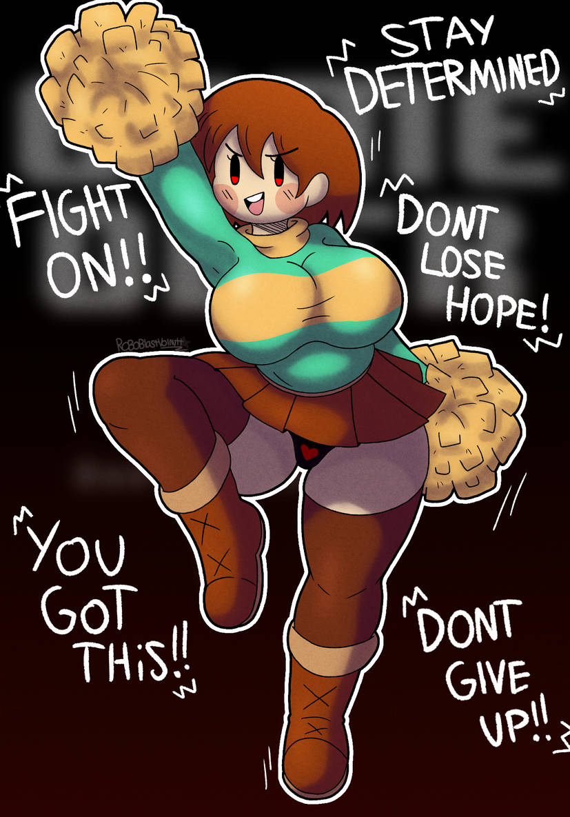 big breasts, blush, blushing, blushing female, brown hair, chara, cheering, cheerleader, cheerleader outfit, cheerleader uniform, clothed female, clothing, dialogue, female chara, huge breasts, panties, roboblastvolnutt, short hair, skirt, thighhighs, undertale, undertale (series), voluptuous