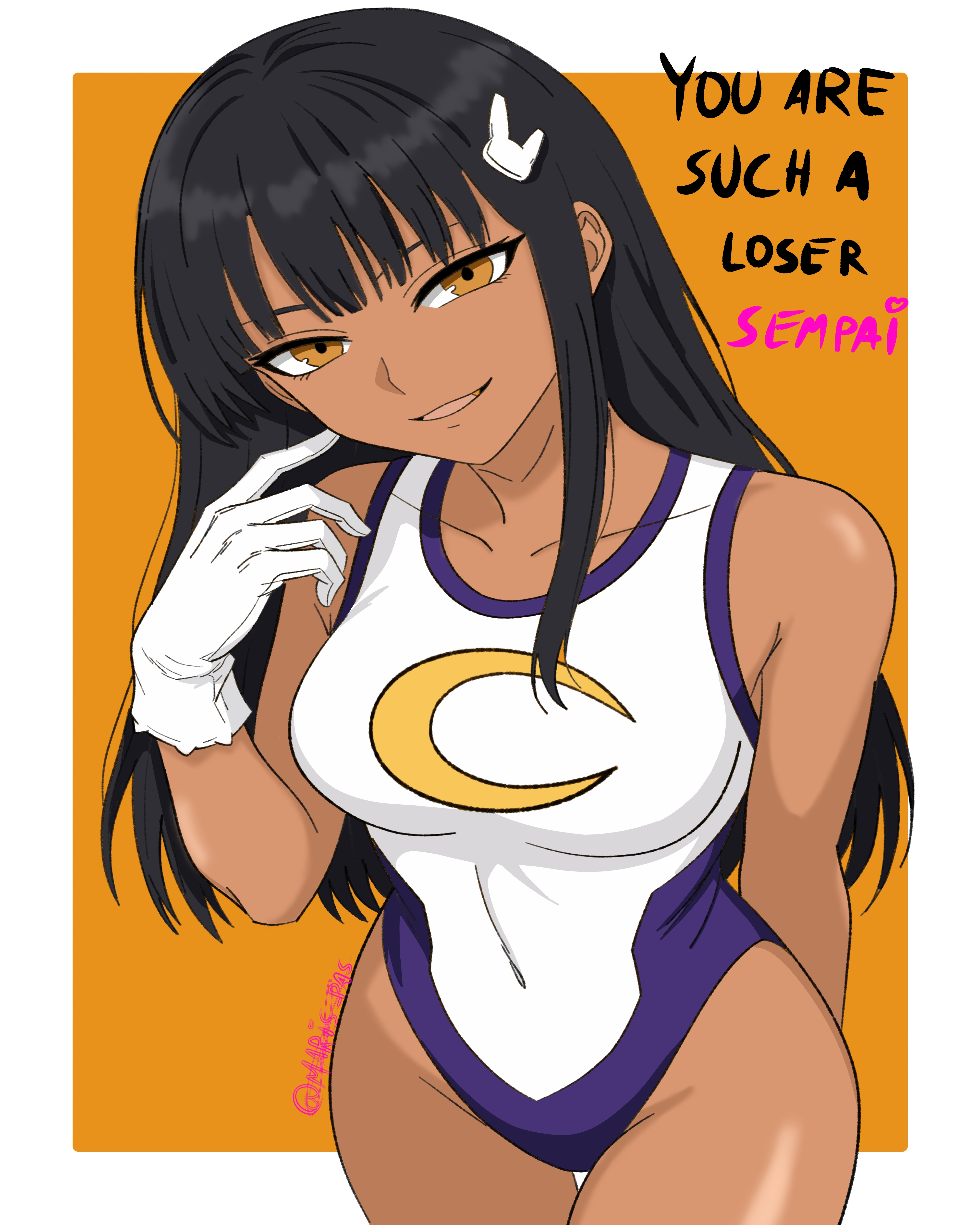 1girls, black hair, boku no hero academia, brown eyes, brown skin, cosplay, gloves, hayase nagatoro, maris (artist), mirko (cosplay), my hero academia, nagatoro hayase, orange background, please don't bully me, nagatoro, self upload, solo female, text, white gloves