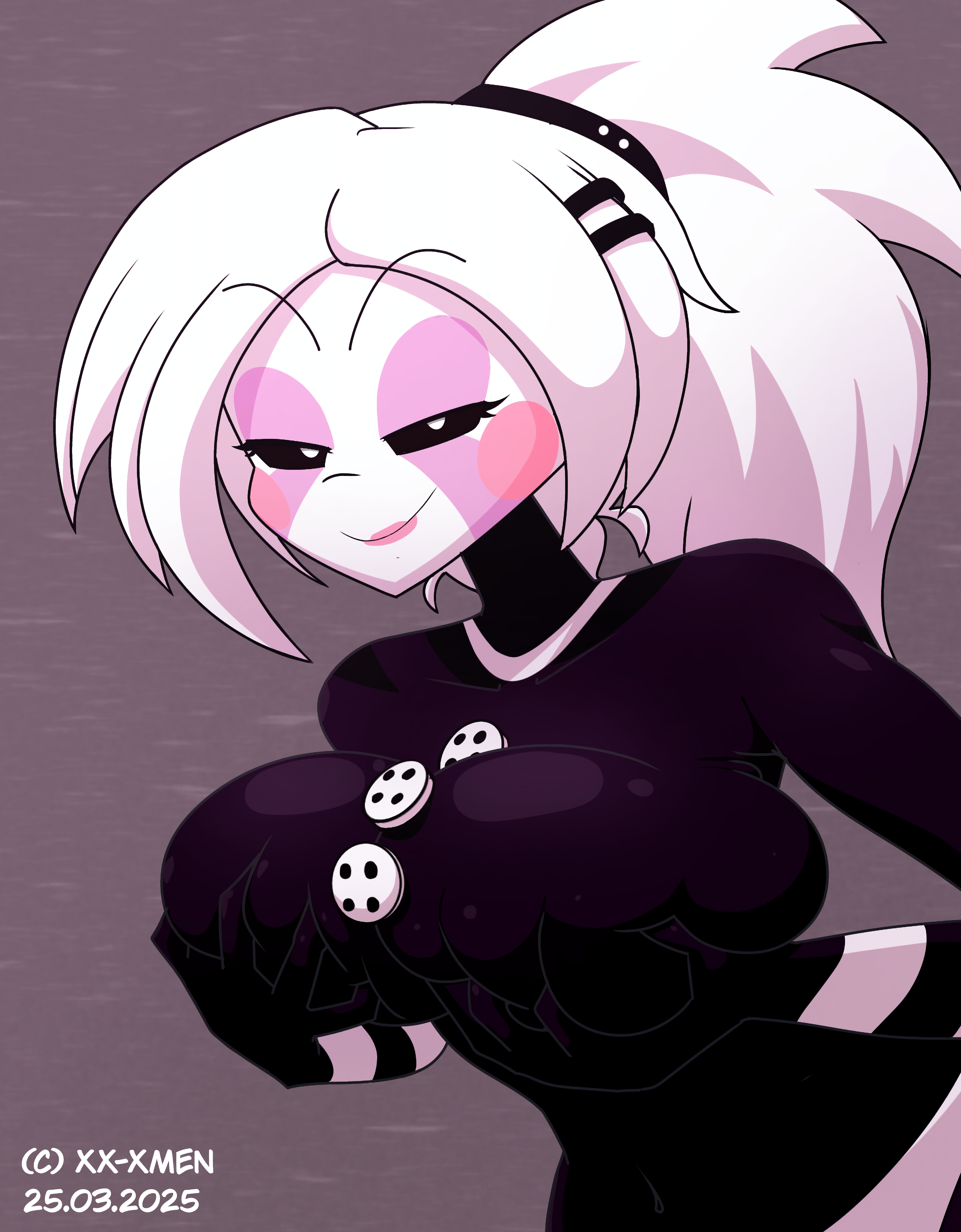 1girl, big breasts, clothed, clothed female, clothing, five nights at freddy's, five nights in anime, fnia, lipstick, ponytail, puppet (fnaf), puppet (fnia), smile, smiling, solo, white hair, white skin, white skinned female, xx-xmen