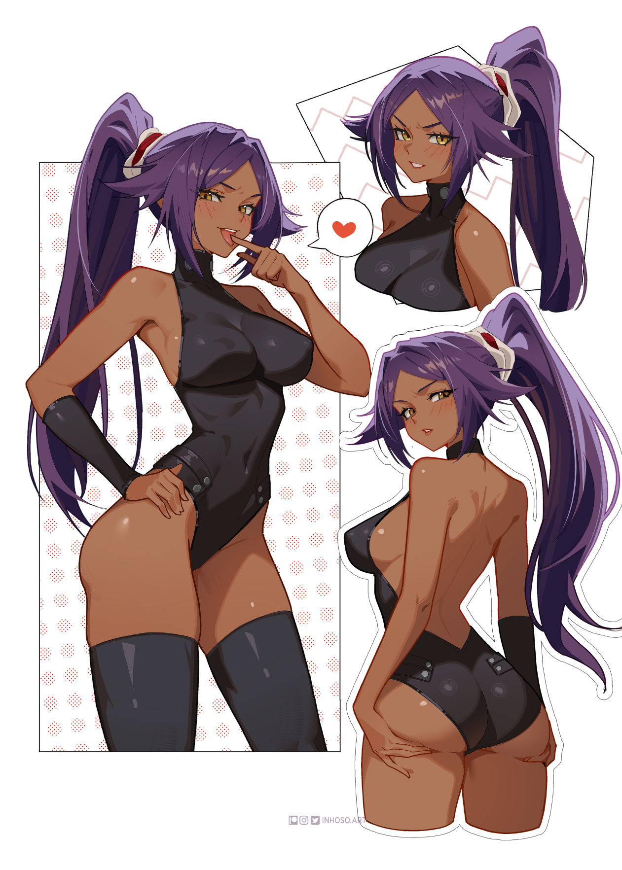 1girl, 1girls, ass, ass support, black leotard, black thighhighs, bleach, blue hair, curvy, dark-skinned female, detached sleeves, fit female, human, human female, inhoso, large breasts, leotard, long hair, looking at viewer, multiple views, ponytail, shihouin yoruichi, slim waist, solo, thighhighs, wide hips, yellow eyes, yoruichi, yoruichi shihouin