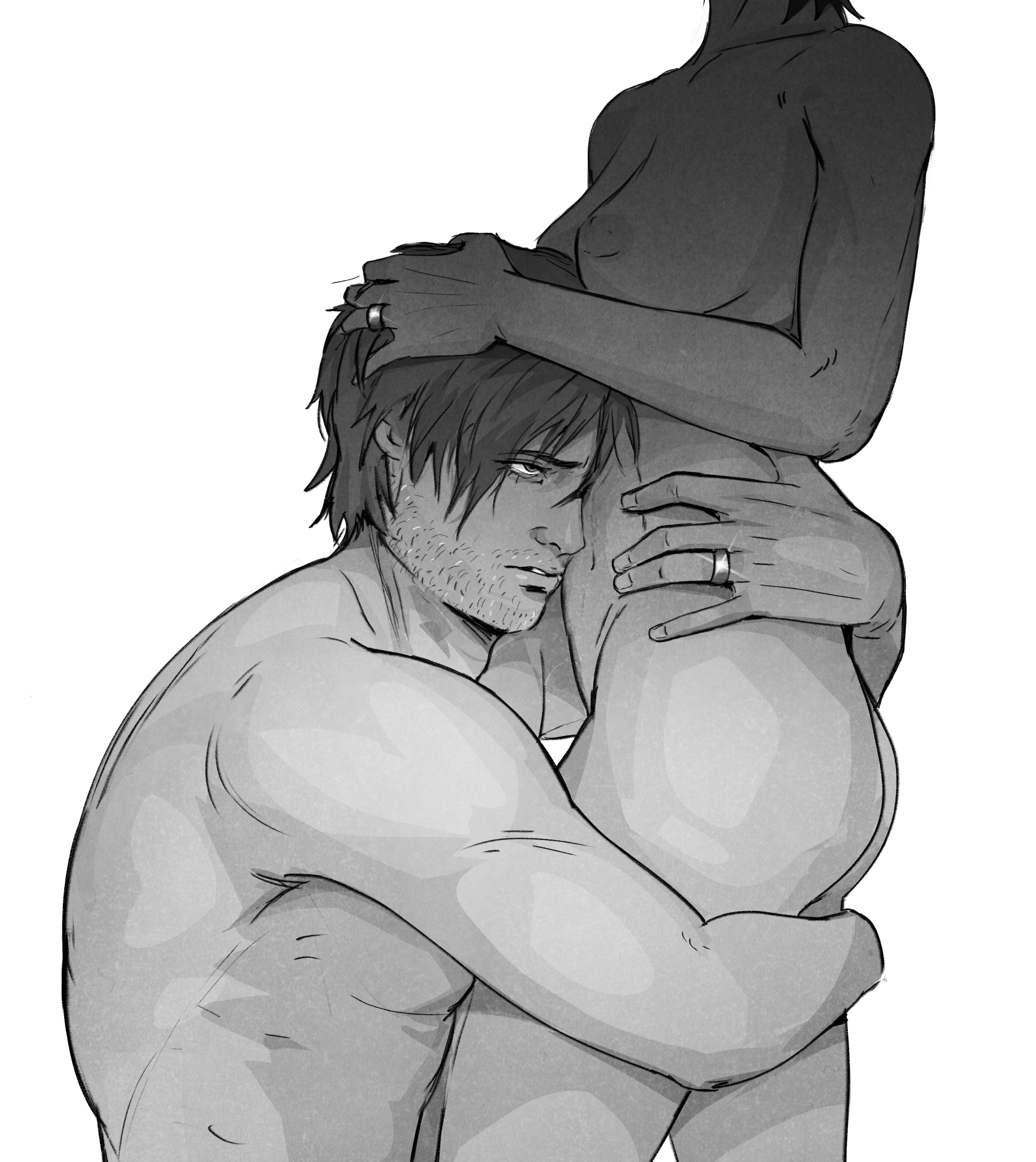 1boy, 1girls, ada wong, areolae, ariesbutworse, biceps, big ass, big breasts, facial hair, female, greyscale, hand in hair, hand on head, hetero, hugging waist, kneeling, kneeling male, leon scott kennedy, male, male/female, mature female, mature male, muscular, muscular arms, muscular male, muscular shoulders, naked, naked female, naked male, nipples, no visible genitalia, nonsexual nudity, nude, nude female, nude male, resident evil, resident evil 9: requiem, ring, rings, short hair, simple background, solid color background, straight, stubble, thick thighs, wedding ring, white background