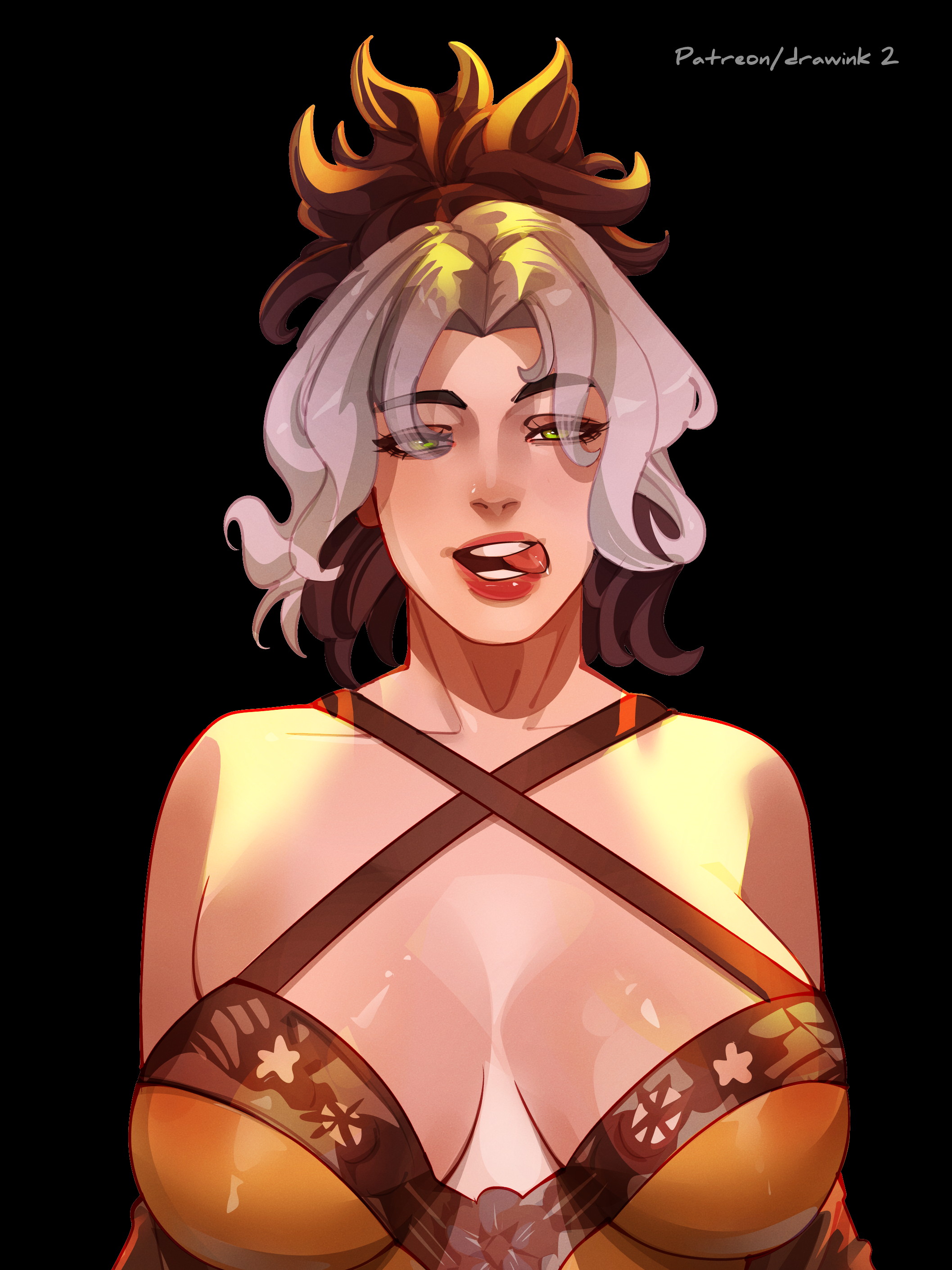 2d, big breasts, cleavage, clothed, drawink, female, female only, fully clothed, marvel, marvel rivals, pajamas, rogue (marvel rivals), rogue (slumber sugah), rogue (x-men), solo, tongue, tongue out