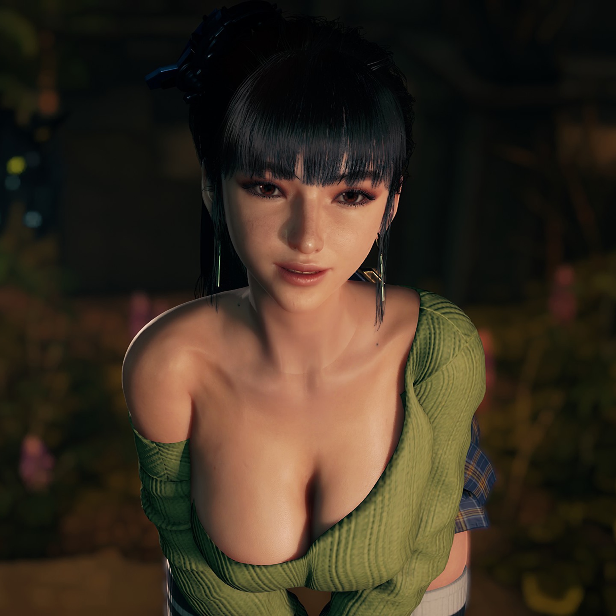 3d, 3d (artwork), absurd res, absurd resolution, absurdres, alternate outfit, artist request, bare shoulder, beautiful woman, black-haired female, blurred background, brown eyes, cleavage, cleavage cutout, earrings, eve (stellar blade), female focus, female only, femsub, high quality, high resolution, huge breasts, leaning forward, leaning hips, leaning to the side, long-haired female, looking at viewer, male pov, massive breasts, mature body, mature woman, miniskirt, pinup, plaid miniskirt, plaid skirt, pleated miniskirt, pleated skirt, ponytail, posing, seductive look, seductive smile, short skirt, skirt, solo female, stellar blade, stockings, tagme (character), thighhighs, unbothered, upskirt, wholesome