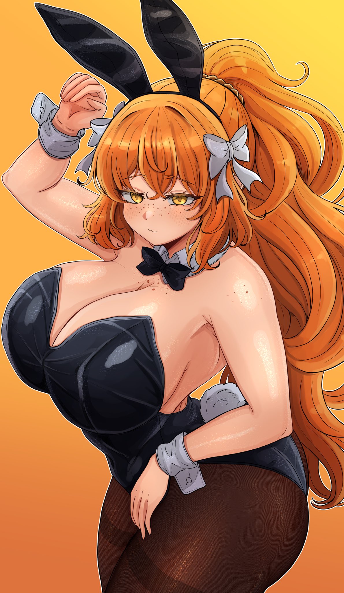 :3, 1girls, bbambi, black pantyhose, bunny ears, bunny girl, bunnysuit, curvy, freckles, freckles on breasts, huge breasts, ishmael (limbus company), large breasts, latex bunnysuit, limbus company, plump, project moon, smile, solo, tagme, thick hips, thick thighs, voluptuous, wide hips