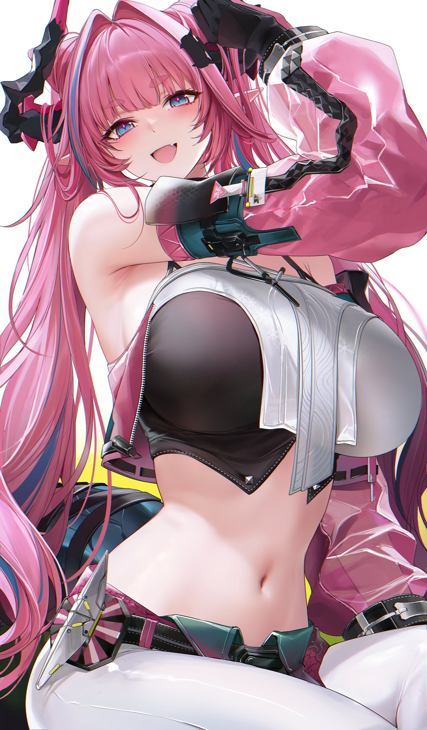 1girl, arknights, arknights: endfield, armpit crease, bare shoulders, blue eyes, crop top, curvy, dragon girl, dragon horns, dragon tail, fang, large breasts, long hair, looking at viewer, navel, open mouth, pink hair, pointy ears, re0n, smile, solo, stomach, twintails, very long hair, white pants, yvonne (arknights: endfield)