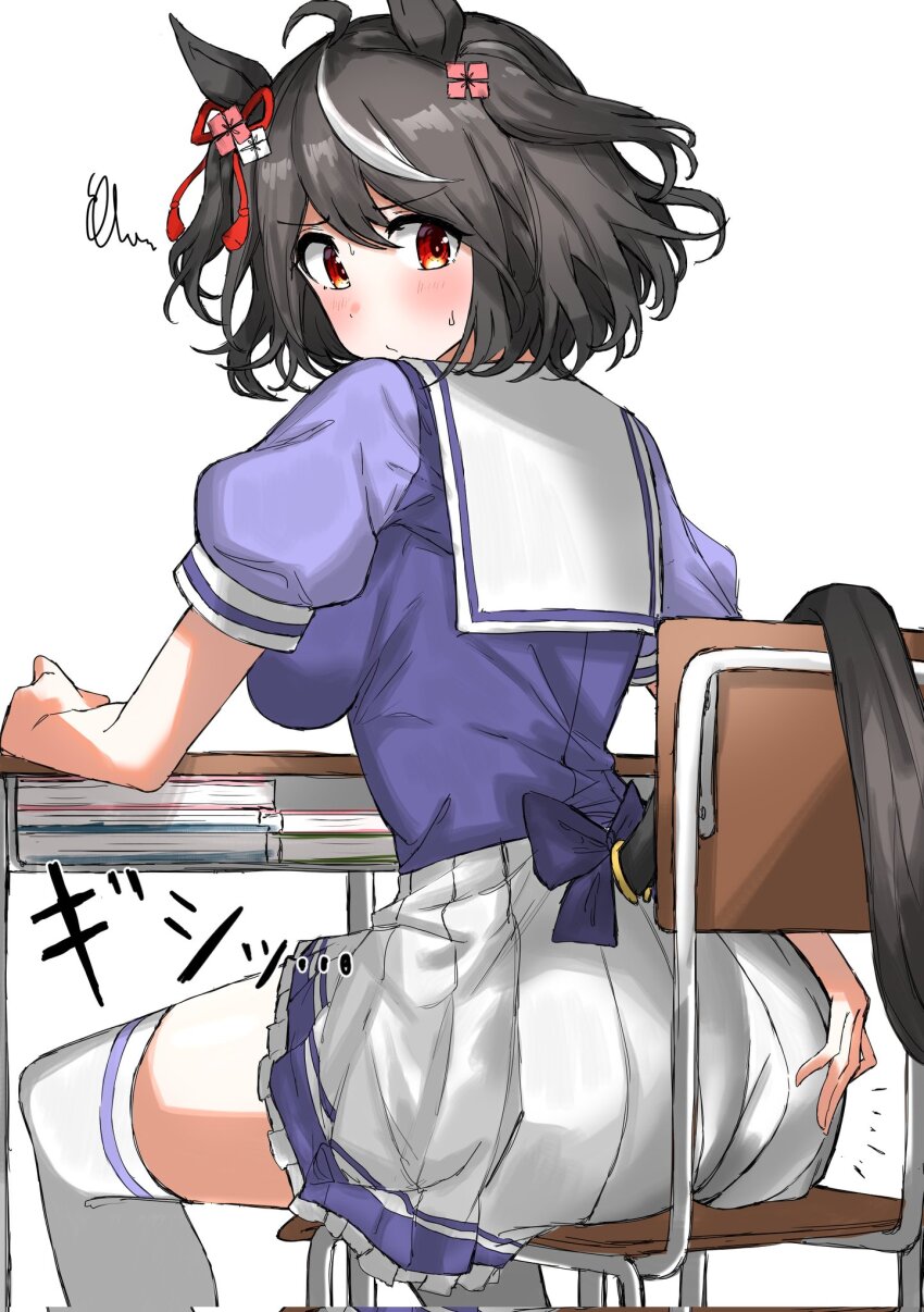 2d, 2d (artwork), ass, black hair, blush, books, breasts, horse ears, horse girl, horse tail, kitasan black (umamusume), kumiyabe, old art, red eyes, school chair, school desk, school uniform, sitting, sitting on chair, sweat, sweatdrop, tail, thighhighs, touching ass, tracen school uniform, umamusume, umamusume pretty derby