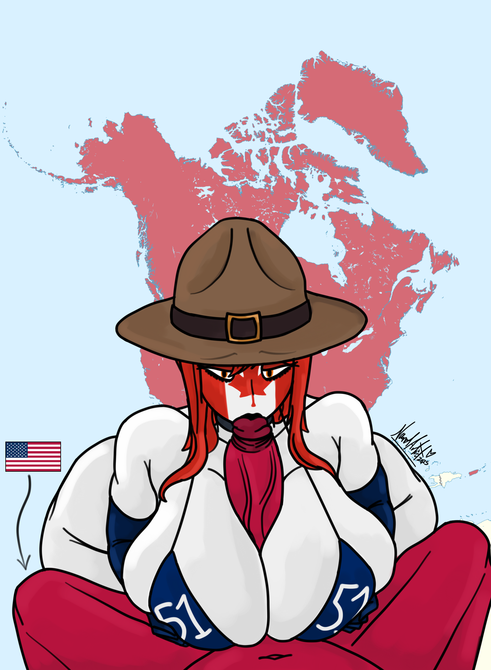 1boy, 1girls, big ass, big penis, blowjob, boobjob during fellatio, boobs, canada (countryhumans), countryhumans, countryhumans girl, curvy ass, female, female focus, giant ass, glans, glans licking, hat, huge ass, incest, licking penis, male, naval artist (artist), penis, red body, red hair, red skin, sex, sucking, sucking dick, sucking penis, thick, thick ass, thick butt, thick hips, thick legs, thick thighs, thighs, united states of america (countryhumans), white body, white skin