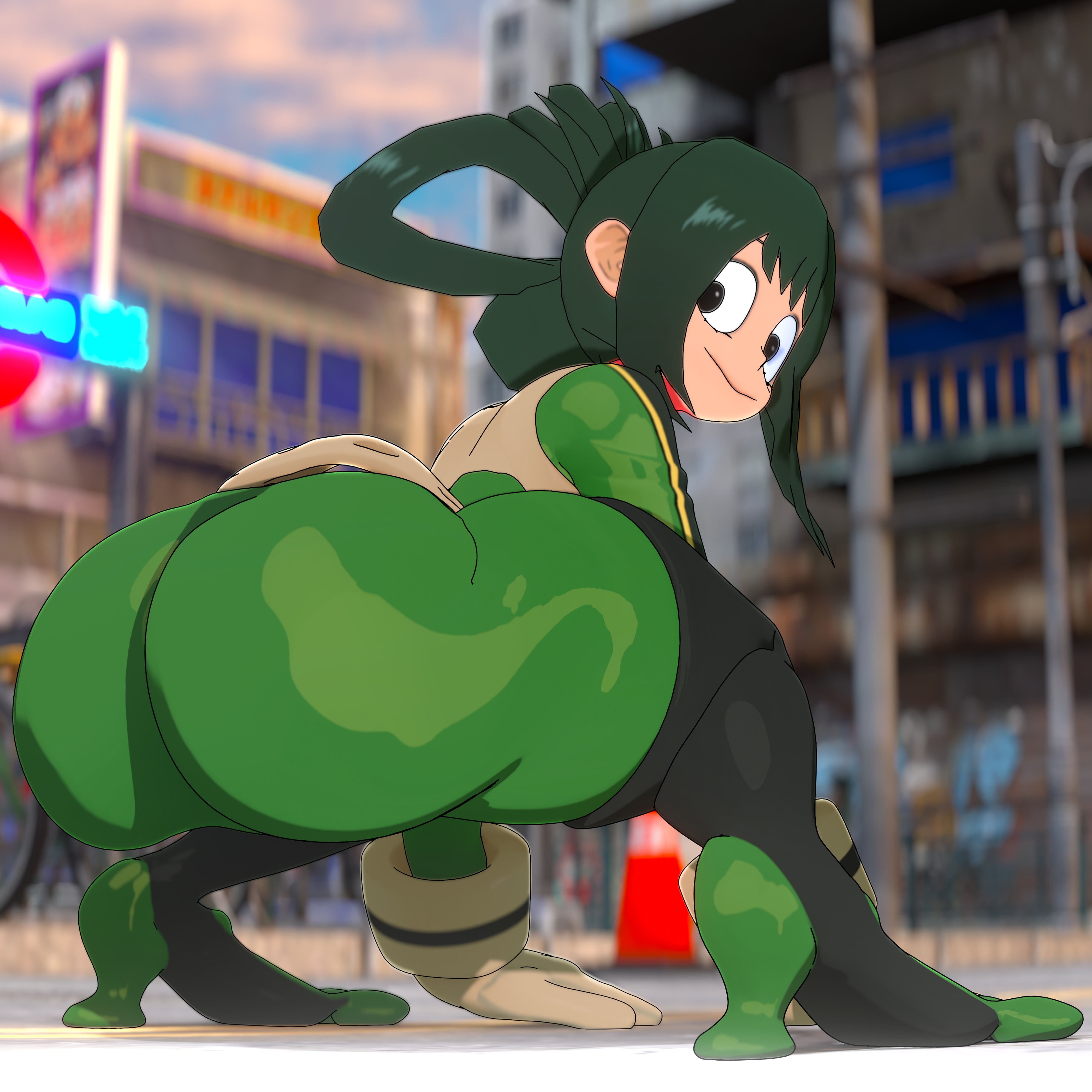 1girls, 3d, 3d (artwork), 3d model, absurd res, absurd resolution, absurdres, alternate version available, ass, ass focus, big ass, big butt, black eyes, blender, blender (software), bodysuit, boku no hero academia, bubble ass, bubble butt, crouching, crouching female, curvaceous, curvy, curvy female, curvy figure, cybrokrimson, fat ass, female, female focus, female only, frog, frog girl, froppy, green bodysuit, green clothing, green hair, hero outfit (mha), hi res, high resolution, highres, huge ass, huge butt, large ass, light skin, light-skinned female, long hair, looking back, my hero academia, post-timeskip, shounen jump, smile, smiling, solo, solo female, solo focus, squatting, thick ass, thick thighs, thighs, tied hair, tsuyu asui, voluptuous, voluptuous female