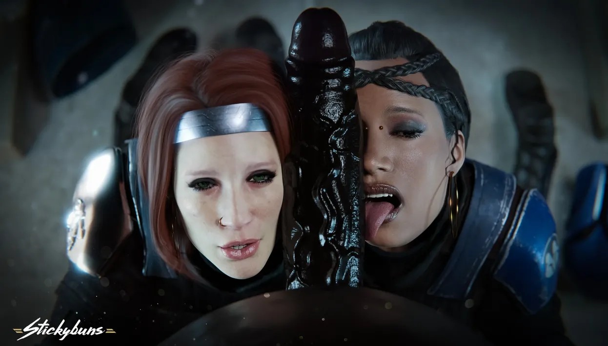 1boy, 2girls, 3d, 3d (artwork), 3d model, bedroom eyes, big penis, blacked, bo-katan kryze, braided hair, dark skin, dark-skinned female, dark-skinned male, green eyes, hoop earrings, huge cock, interracial, katee sackhoff, koska reeves, licking penis, light skin, light-skinned female, looking at viewer, mandalorian, nose piercing, penis on face, pov, red hair, sasha banks, seductive look, star wars, stickybuns