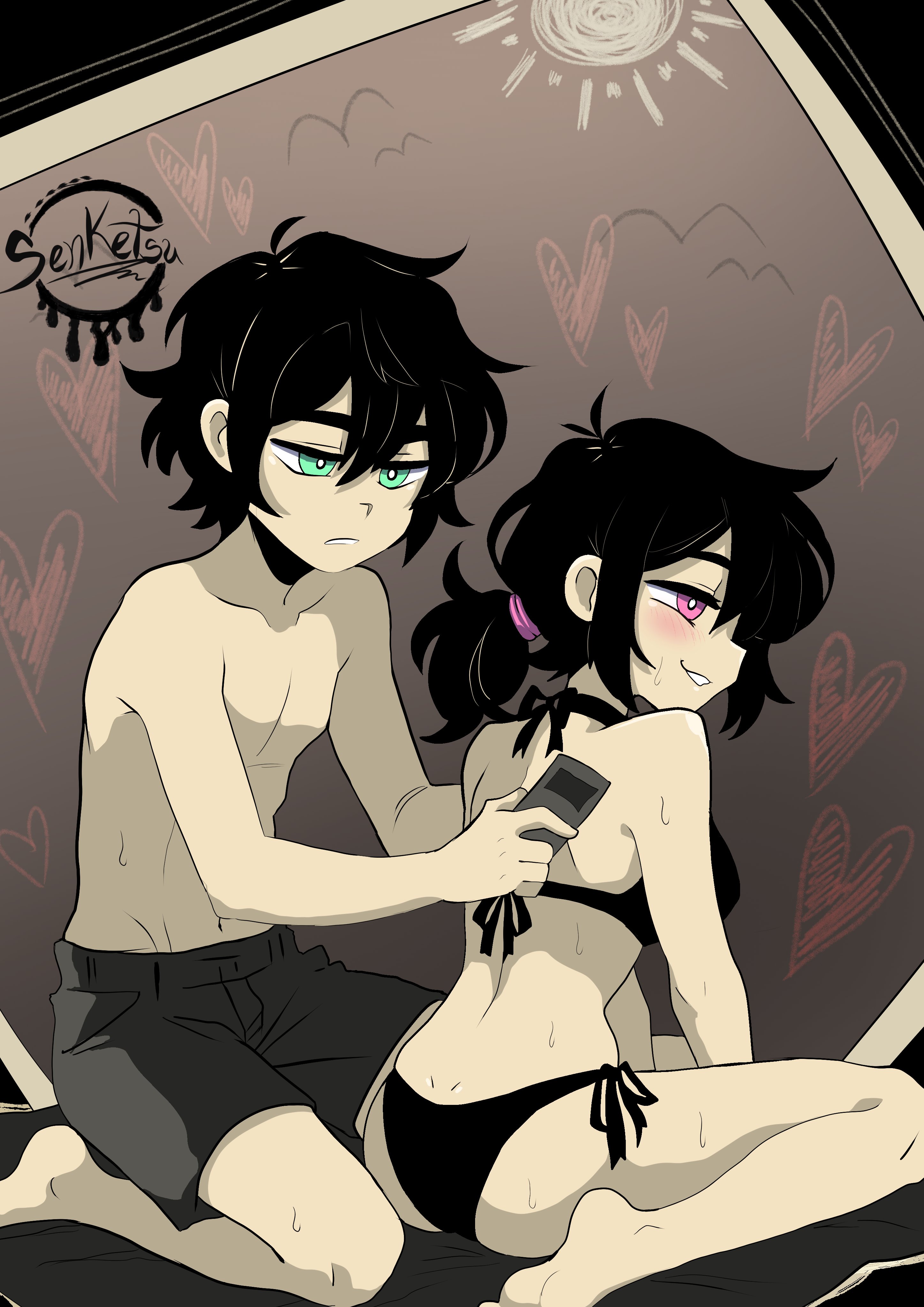 1boy, 1girls, 2d, andrew graves, applying sunscreen, ashley graves, ass, beach, bikini, bikini bottom, bikini top, black hair, blush, brother and sister, drmsenketsu, female, green eyes, incest, male, pink eyes, ponytail, siblings, straight, sunscreen, the coffin of andy and leyley