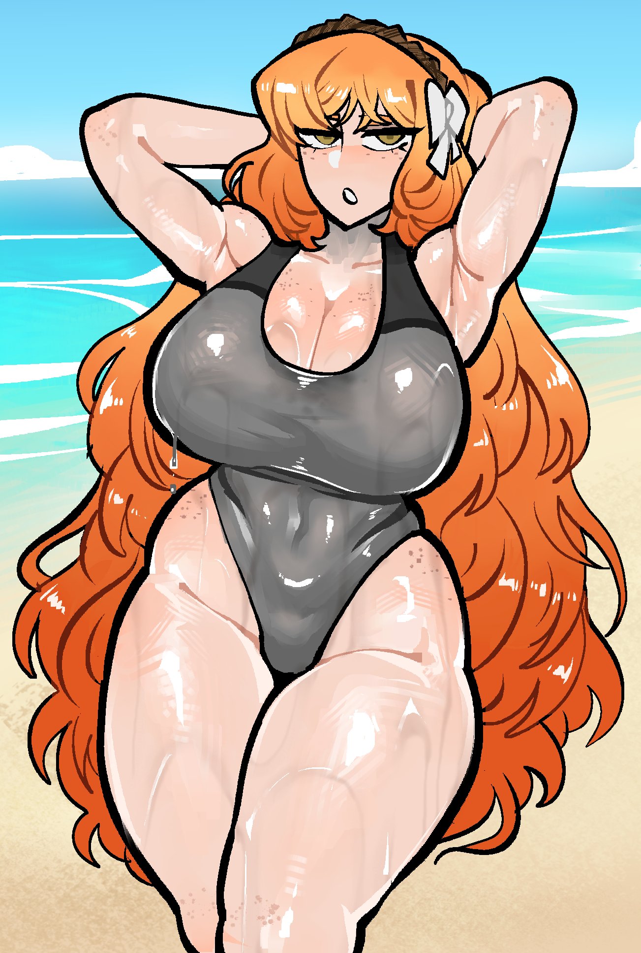 1girls, armpits, arms behind head, arms up, beach, big breasts, crossed legs, eclipseecliptus, female focus, female only, freckles, freckles on breasts, freckles on face, huge ass, ishmael (limbus company), limbus company, long hair, one-piece swimsuit, project moon, shiny skin, solo, solo female, swimsuit, thick thighs, tight clothes, tight clothing, toned, toned female, toned stomach, wet body, wide hips