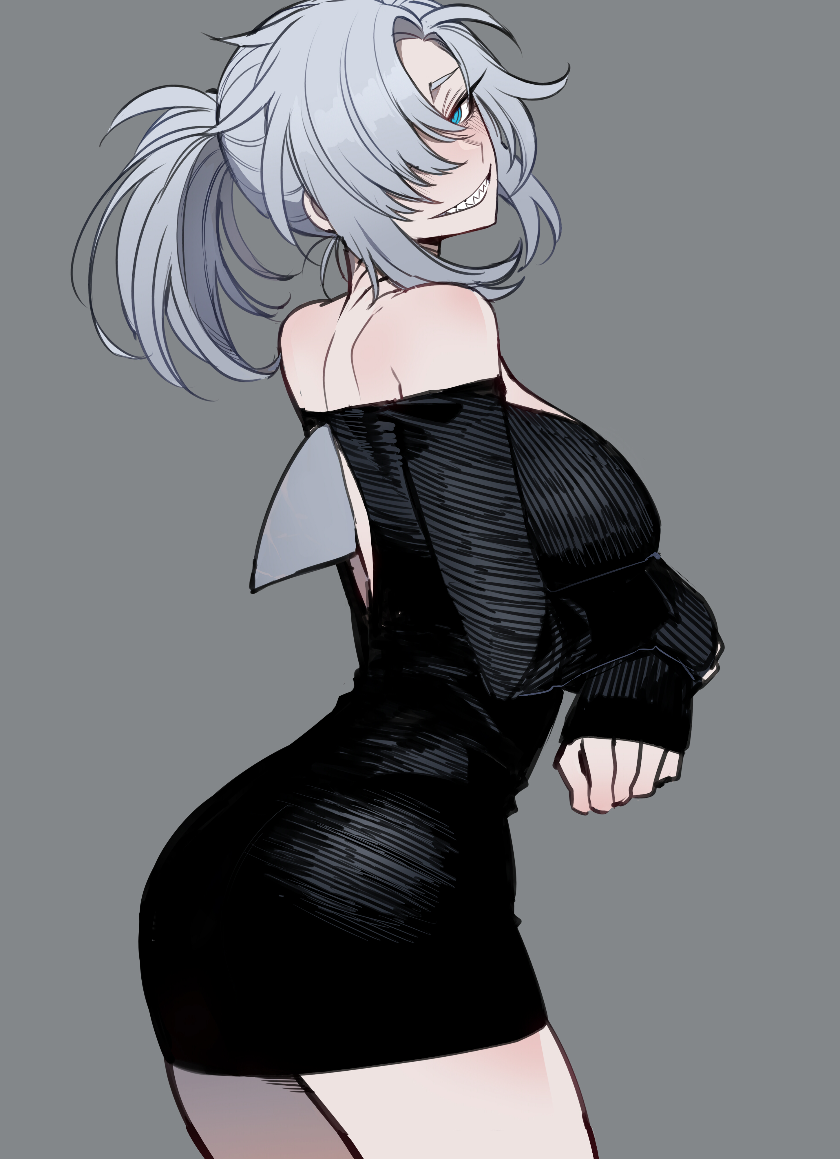 1girl, 1girls, 2d, 2d (artwork), 2d artwork, bare shoulders, black dress, blue eyes, cowboy shot, curvaceous, curvaceous figure, curvy, curvy body, curvy female, curvy figure, demihuman, dress, female, female focus, female only, fin, from behind, gills, grey background, grey hair, hair covering eye, hair over one eye, hi res, high quality, high resolution, highres, light skin, light-skinned female, looking at viewer, looking back, off-shoulder dress, parted bangs, ponytail, ratatatat74, shark, shark fin, shark girl, shark humanoid, shark teeth, sharp teeth, sidelocks, simple background, solo, solo female, solo focus, tight clothing, tight dress
