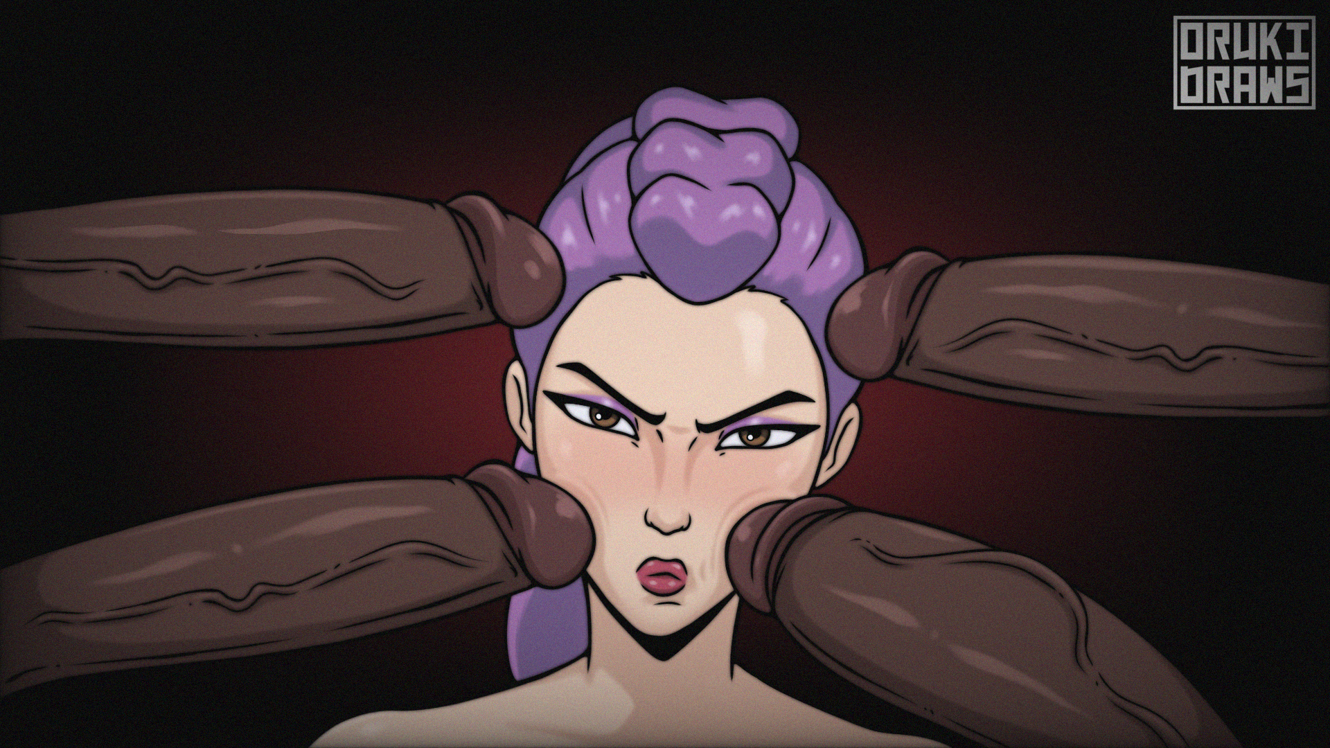 1girls, 2d, 2d (artwork), 4boys, angry, annoyed, asian, asian female, big penis, blowbang, brown eyes, close-up, cock, dark skin, dark-skinned male, face focus, female, female focus, interracial, kpop demon hunters, light skin, lipstick, looking at viewer, makeup, meme, meme reference, more at source, nude, orukidraws, penis, penis on face, purple hair, redline surrounded by guns (meme), rumi (kpop demon hunters), solo, spine (game), surrounded by penises