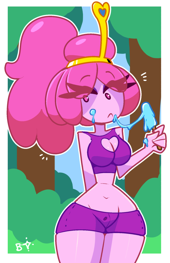 1girls, adventure time, blightstar, cowboy shot, crown, eating ice cream, eyebrows visible through hair, female, female only, forest, heart cutout, ice cream, ice cream on face, midriff, mob face, pink body, pink hair, princess bubblegum, short shorts, shorts, tagme, wide hips