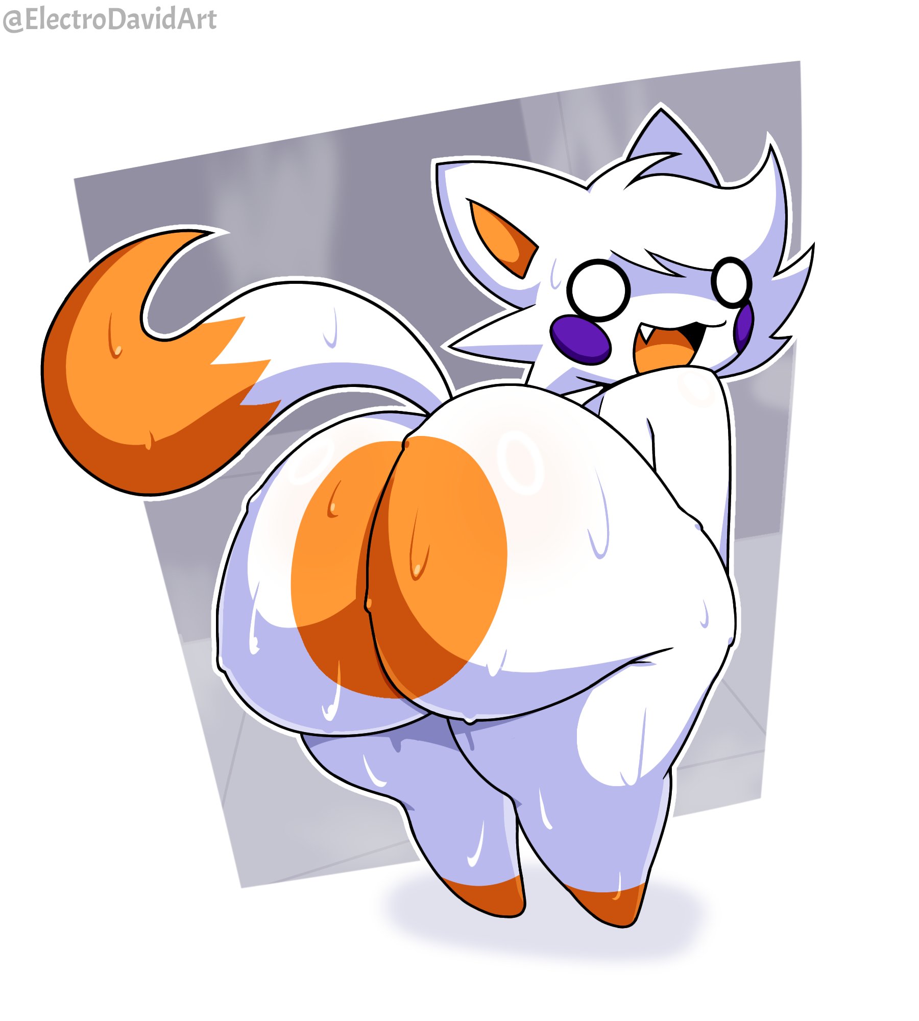ambiguous gender, anthro, anthro only, ass, ass focus, butt, butt focus, electrodavid, fangame, five nights at freddy's, five nights at freddy's: sister location, five nights at frickbears, five nights at frickbears 3, fnaf, fnaf fangame, lolbit (fnaf), lolbit (frickbears), looking at viewer, looking back, looking back at viewer, mascot horror, multicolored body, multicolored fur, musk, musk clouds, musky, musky ass, musky butt, purple cheeks, scottgames, solo, solo focus, sweat, sweatdrop, sweating, sweaty, sweaty ass, sweaty body, sweaty butt, thick, thick ass, thick legs, thick thighs, toony, toony face, white body, white fur, yellow tail tip