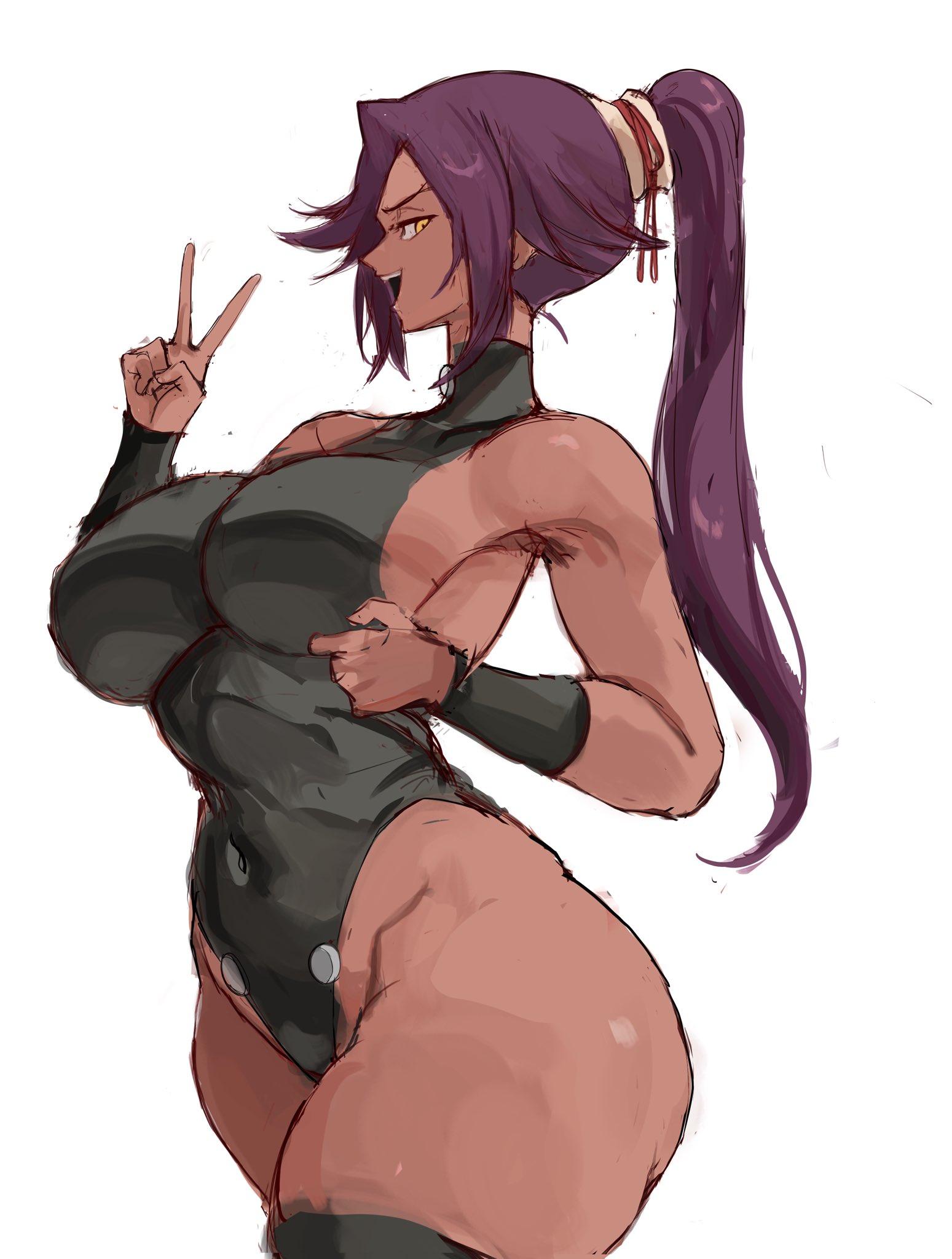 1girl, black leotard, black thighhighs, bleach, bleach: sennen kessen-hen, breasts, dark skin, dark-skinned female, female focus, hair ornament, highleg, highleg leotard, highres, hip dips, large breasts, leotard, long hair, open mouth, parted bangs, peace symbol, ponytail, purple hair, rakeemspoon, shihouin yoruichi, shiny skin, simple background, solo, solo focus, standing, thighhighs, thighs, white background, wide hips, yellow eyes