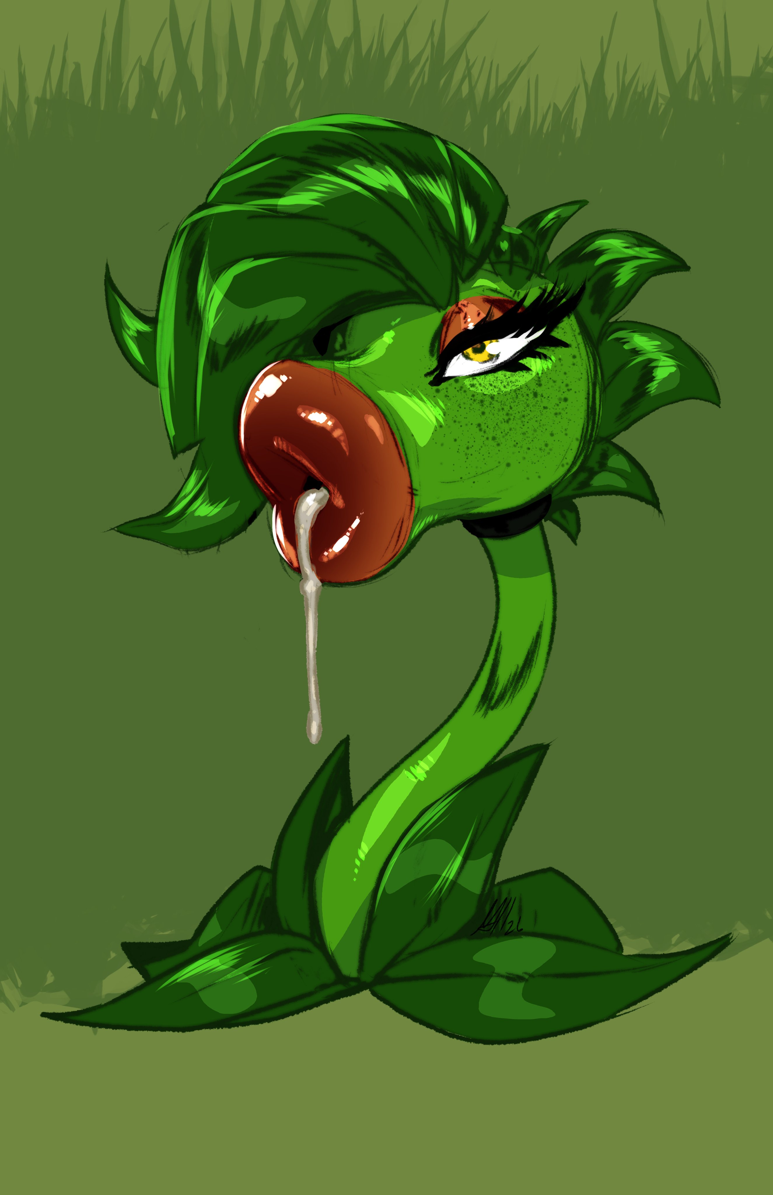 animate inanimate, big lips, blowjob face, eyeshadow, hair over one eye, hotsriracha, huge lips, hyper lips, lips, lipstick, peablaze (leafpaw), peashooter (pvz), plant, plant girl, plants vs zombies