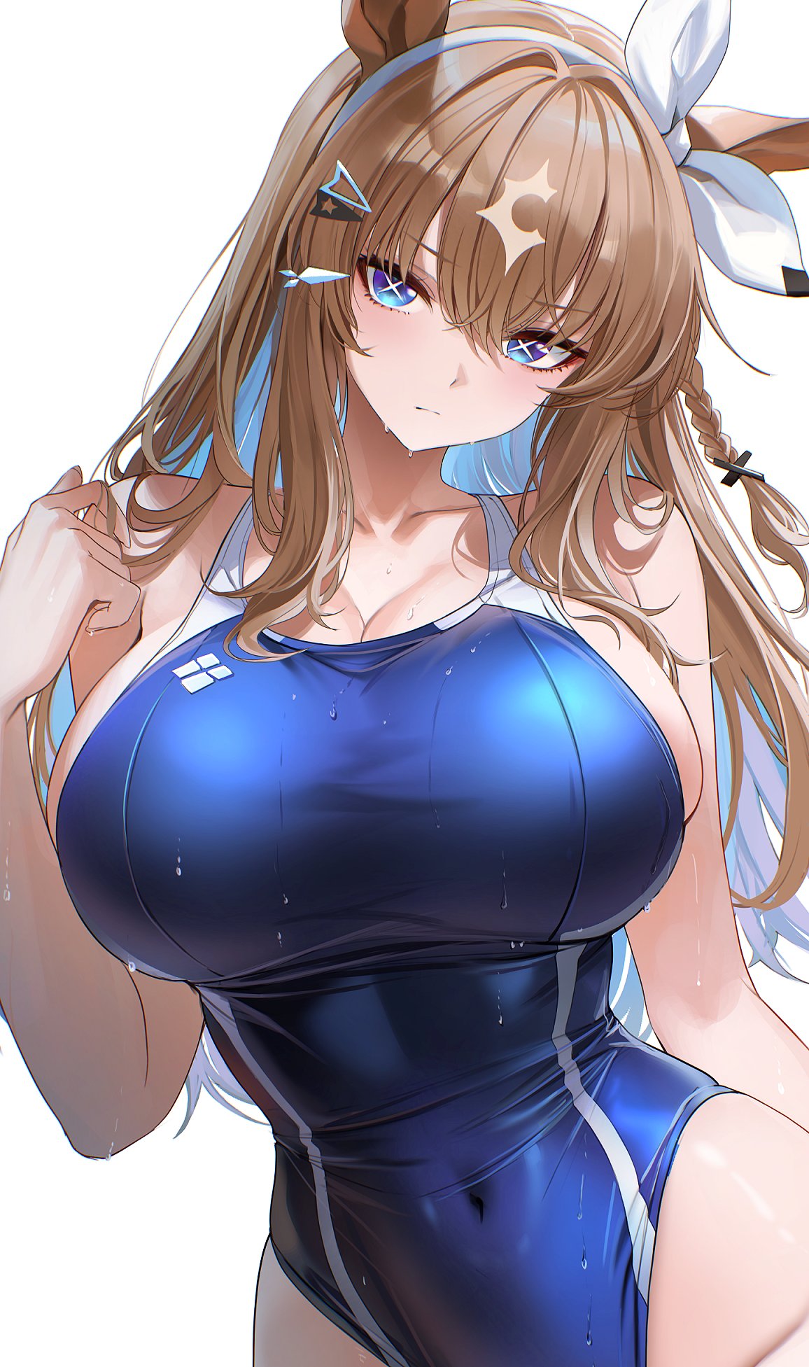 1girl, almond eye (umamusume), blue eyes, blue one-piece swimsuit, brown hair, cleavage, collarbone, colored inner hair, covered navel, cross-shaped pupils, curvy, head tilt, horse ears, horse girl, large breasts, long hair, looking at viewer, multicolored hair, re0n, solo, umamusume, umamusume pretty derby, wet, wet swimsuit, x-shaped pupils