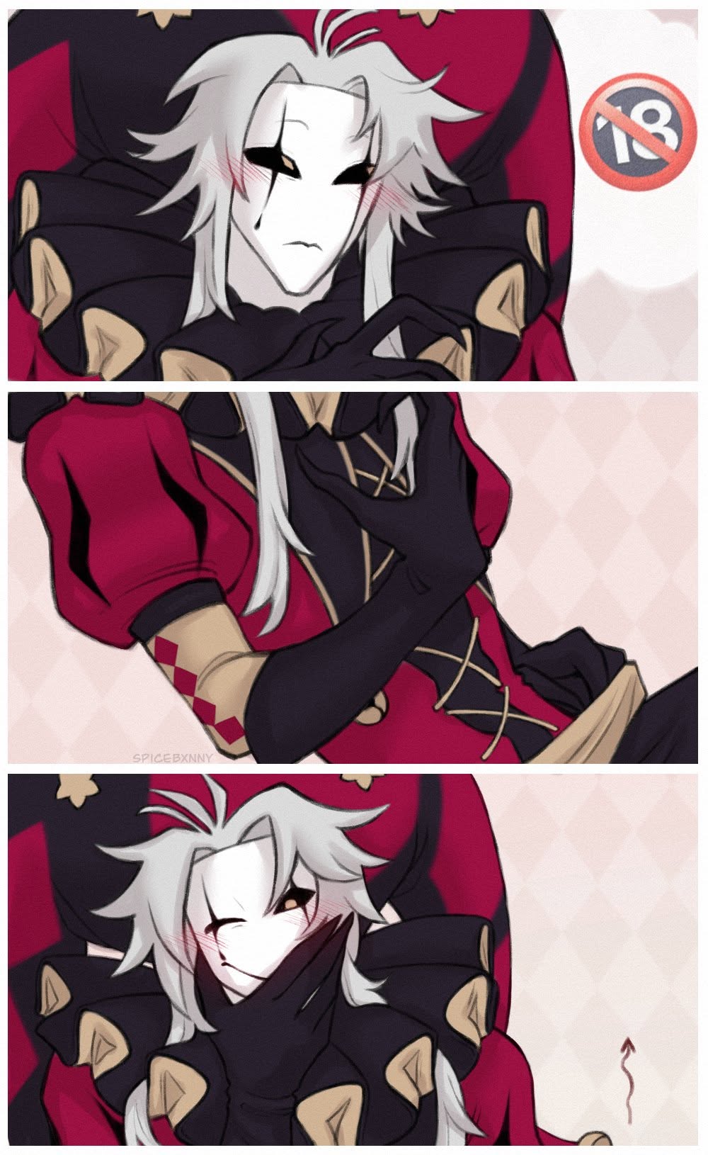 aroused expression, aroused face, aroused look, aroused male, aroused smile, black gloves, blush, blushed face, blushing, blushing at viewer, blushing male, comic, comic page, comic panel, comic strip, erect penis, erection, erection under clothes, gray hair, hand on crotch, hand on face, long gray hair, long hair, pale body, pale-skin, pale-skinned male, pierrot (the freak circus), pointy nails, red clothes, red clothing, sharp fingernails, solo, solo focus, solo male, star (symbol), the freak circus, yellow eyes, yellow pupils