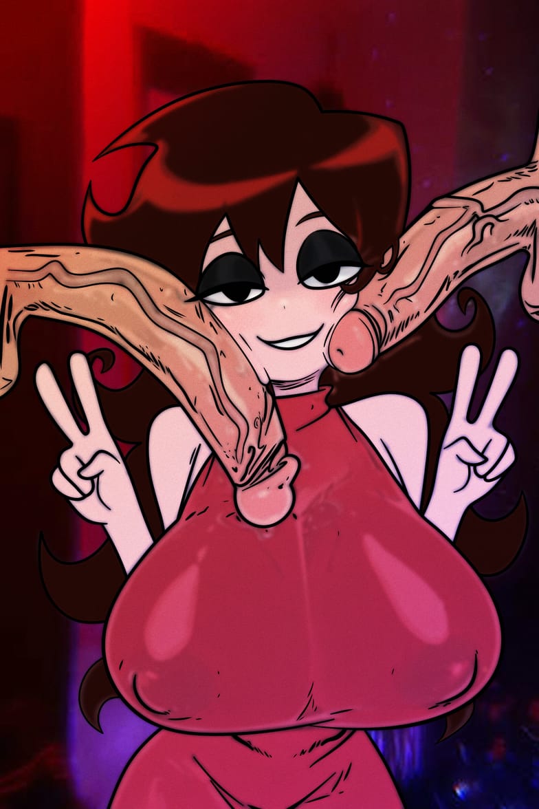 anorexicus, auburn hair, big breasts, big penis, breasts bigger than head, cheating, dress, erect nipples, erect nipples under clothes, friday night funkin, girlfriend (friday night funkin), huge breasts, imminent blowjob, imminent oral, large breasts, long hair, looking at viewer, massive breasts, netorare, nipple bulge, nipples visible through clothing, ntr, peace sign, penises, penises touching, smiling at viewer, veiny penis, whore eyes