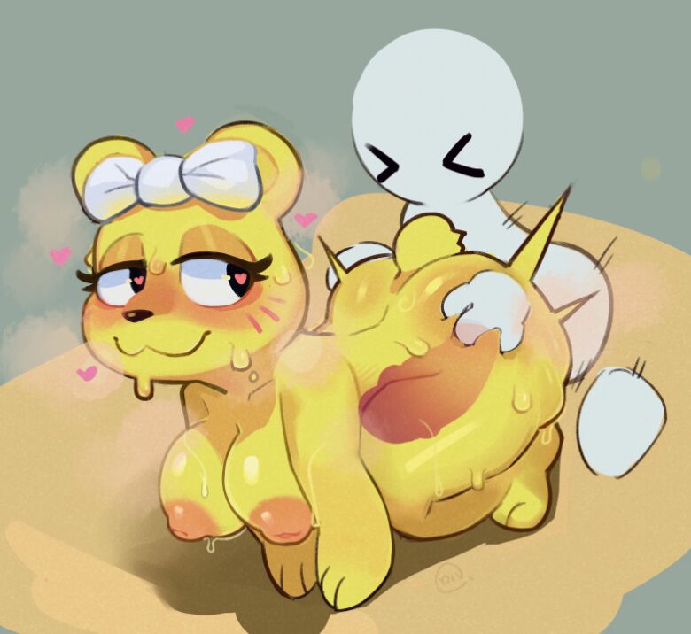 anthro, anthro penetrated, artist request, bear, big penis, bow, bow ribbon, breasts, endacopia, heart-shaped pupils, mellow (endacopia), nipples, tagme, white bow