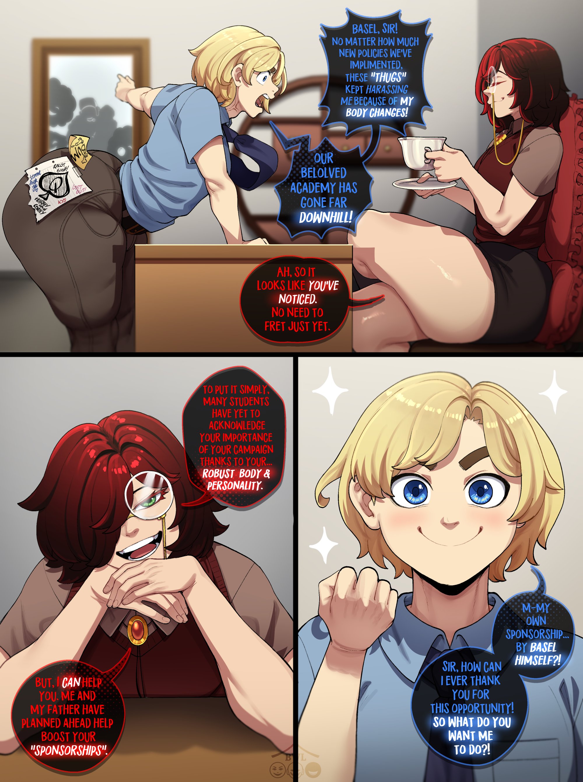 alfred webley jr., angry, basel (blackwhiplash), big ass, blacked, blackwhiplash, blonde hair, blonde-haired male, bullying, comic, dialogue, english text, fat ass, femboy, hi res, high resolution, highres, huge ass, jack of spades, large ass, light skin, light-skinned male, male, male only, multiple boys, my mom is kinda homeless, oc, original, original character, otoko no ko, otokonoko, pointing, qos, queen of spades, queen of spades symbol, red hair, redhead, sissy, spade, text, thick thighs, trying, voluptuous male, yelling