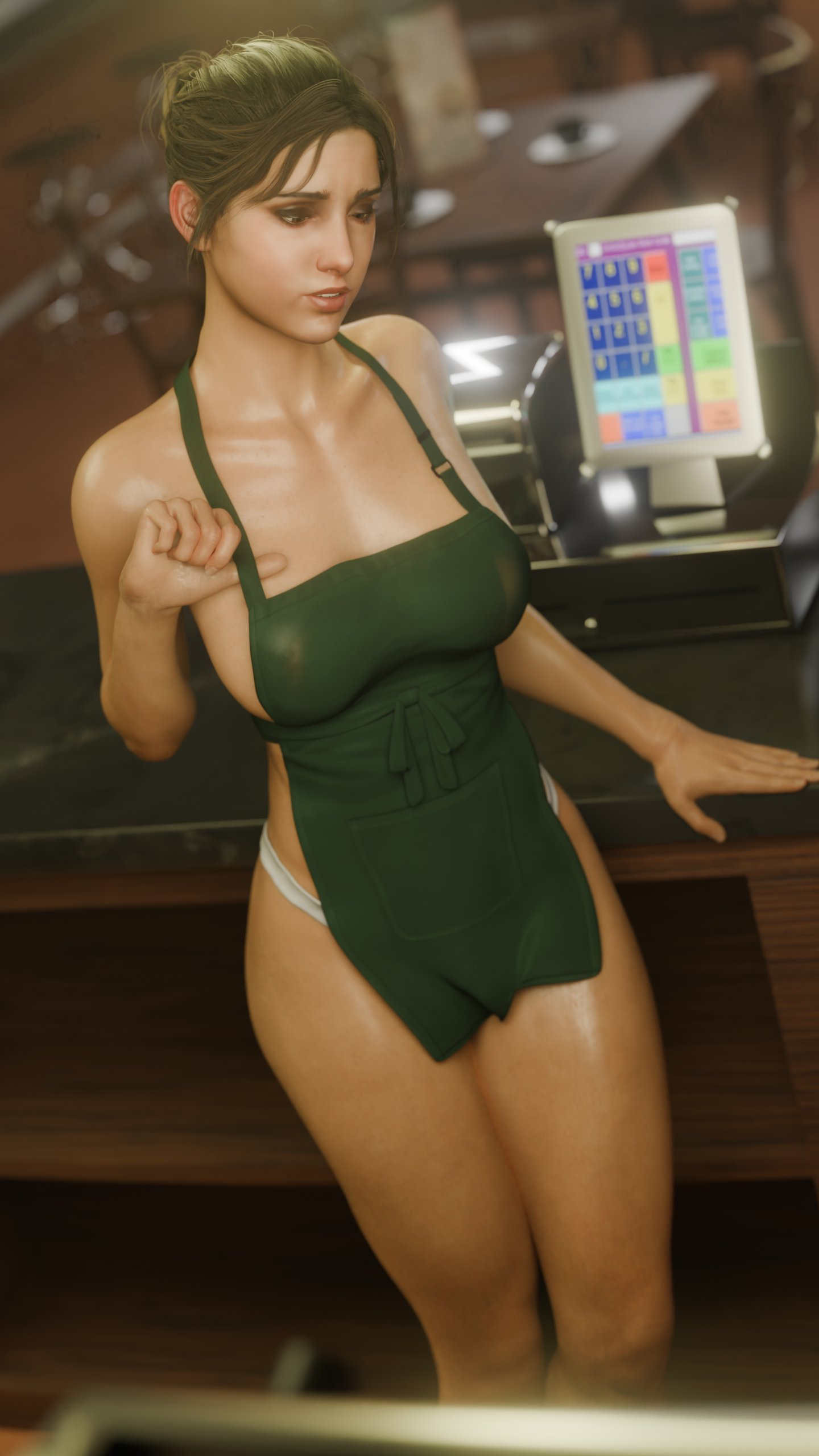 1girls, 3d, 3d (artwork), 9:16, apron, barista, big breasts, bikini, bikini bottom, blender, coffee, coffee cup, coffee shop, fousters, from above, human, human only, left 4 dead, left 4 dead (series), lewd, medium breasts, popsicle, questionable, sfw, sweat, thick thighs, valve, zoey (left 4 dead)