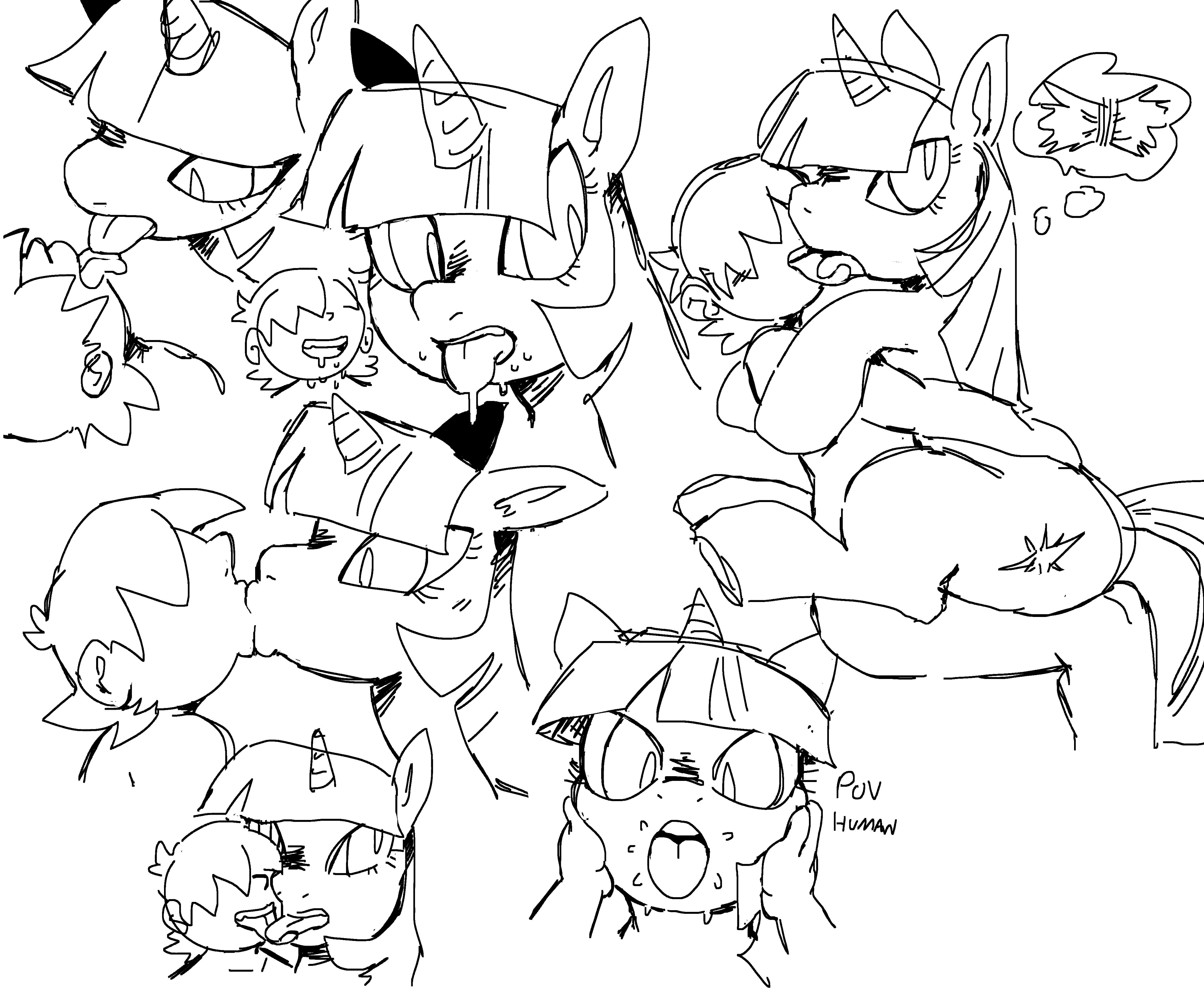 1boy, 1girls, ambiguous penetration, black and white, feral, french kiss, kiss, lilmoonie, lilmoonie (character), my little pony, penetration, snout, twilight sparkle (mlp)