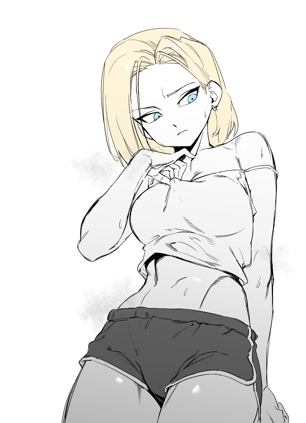 1girls android_18 athletic_female bare_shoulders black_shorts blonde_hair blue_eyes dragon_ball dragon_ball_super dragon_ball_z fit_female looking_at_another medium_breasts navel sport_shorts sweat white_t-shirt zquung