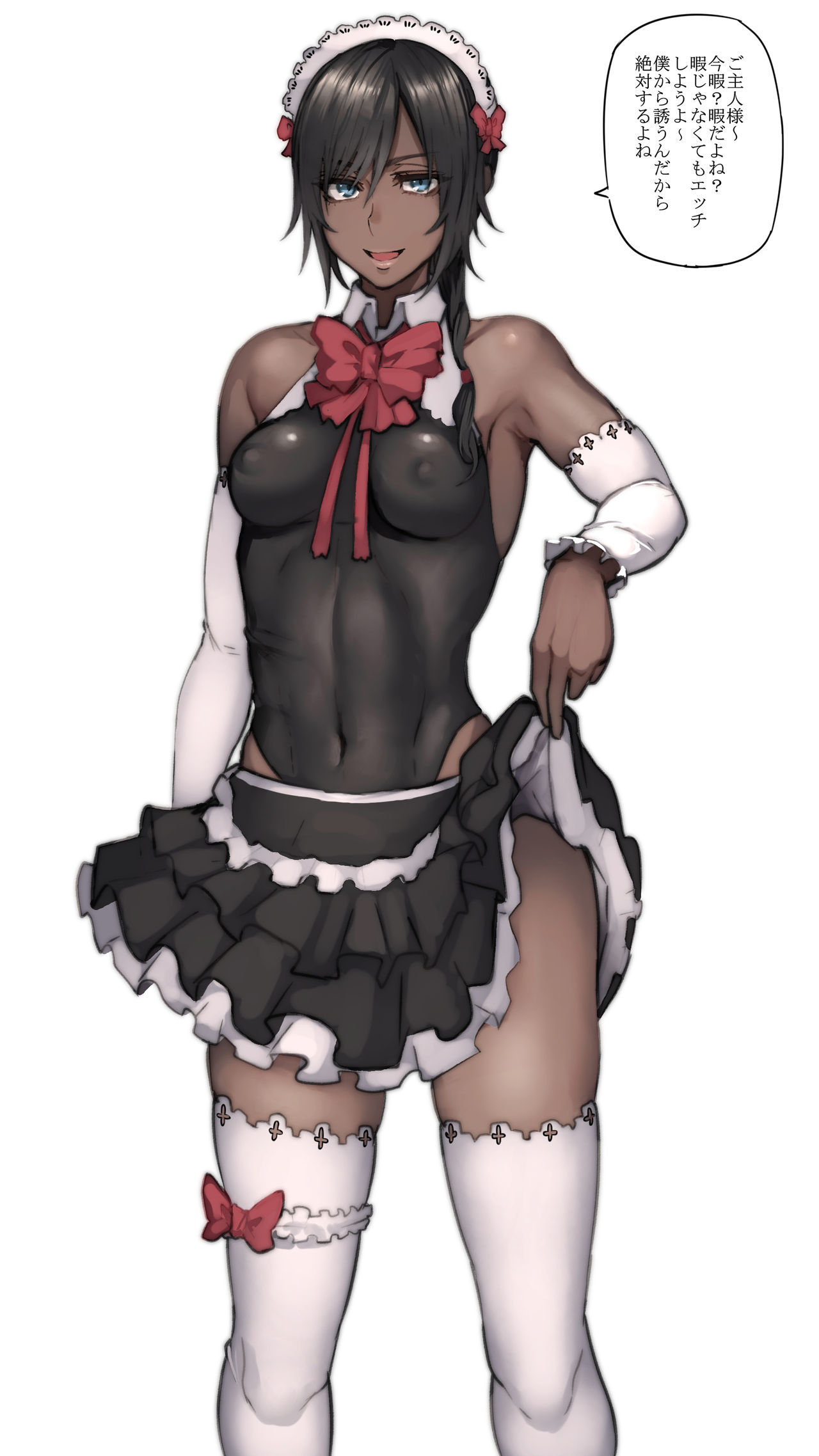 1girls, 2019, absurd res, bare shoulders, black hair, black leotard, blue eyes, bow, bowtie, breasts, covered navel, dark skin, dark-skinned female, dark-skinned maid (pepe (jonasan)), detached sleeves, female, female only, frilled skirt, frilled sleeves, frills, highleg, highleg leotard, highres, inviting, japanese text, leotard, lifted by self, looking at viewer, maid, maid headdress, maid uniform, medium breasts, miniskirt, nipple bulge, no panties, open mouth, original, pepe (jonasan), simple background, skirt, skirt lift, smile, solo, speech bubble, standing, text, thighhighs, thighs, tied hair, tight clothing, tongue, translated, uniform, white background