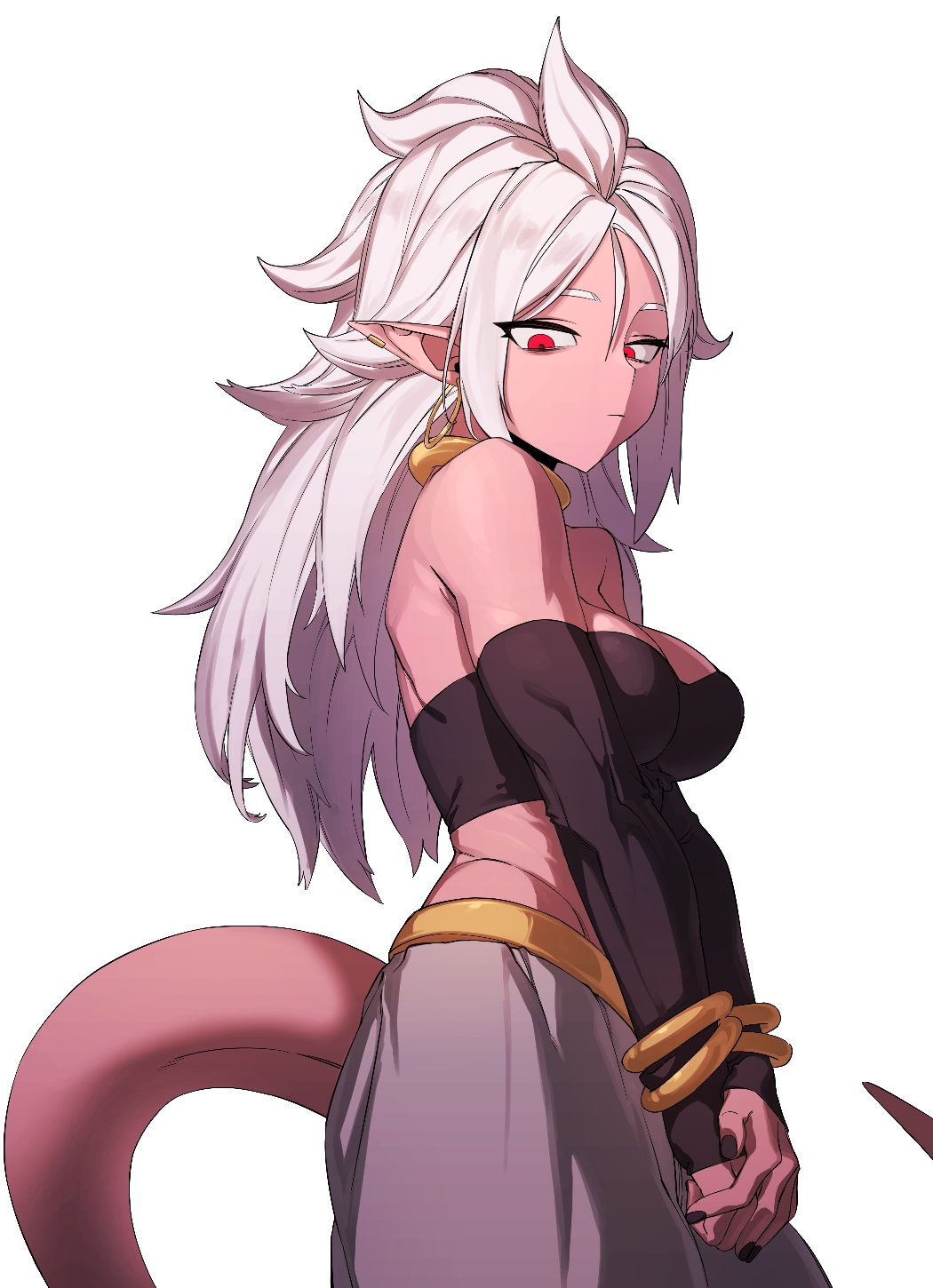 1girls android_21 arabian_clothes athletic_female bare_shoulders big_breasts black_nails bracelet dragon_ball dragon_ball_fighterz dragon_ball_z fit_female harem_outfit jewelry looking_down majin_android_21 muscular_female pink_body pink_skin pointy_ears red_eyes solo tail white_hair zquung