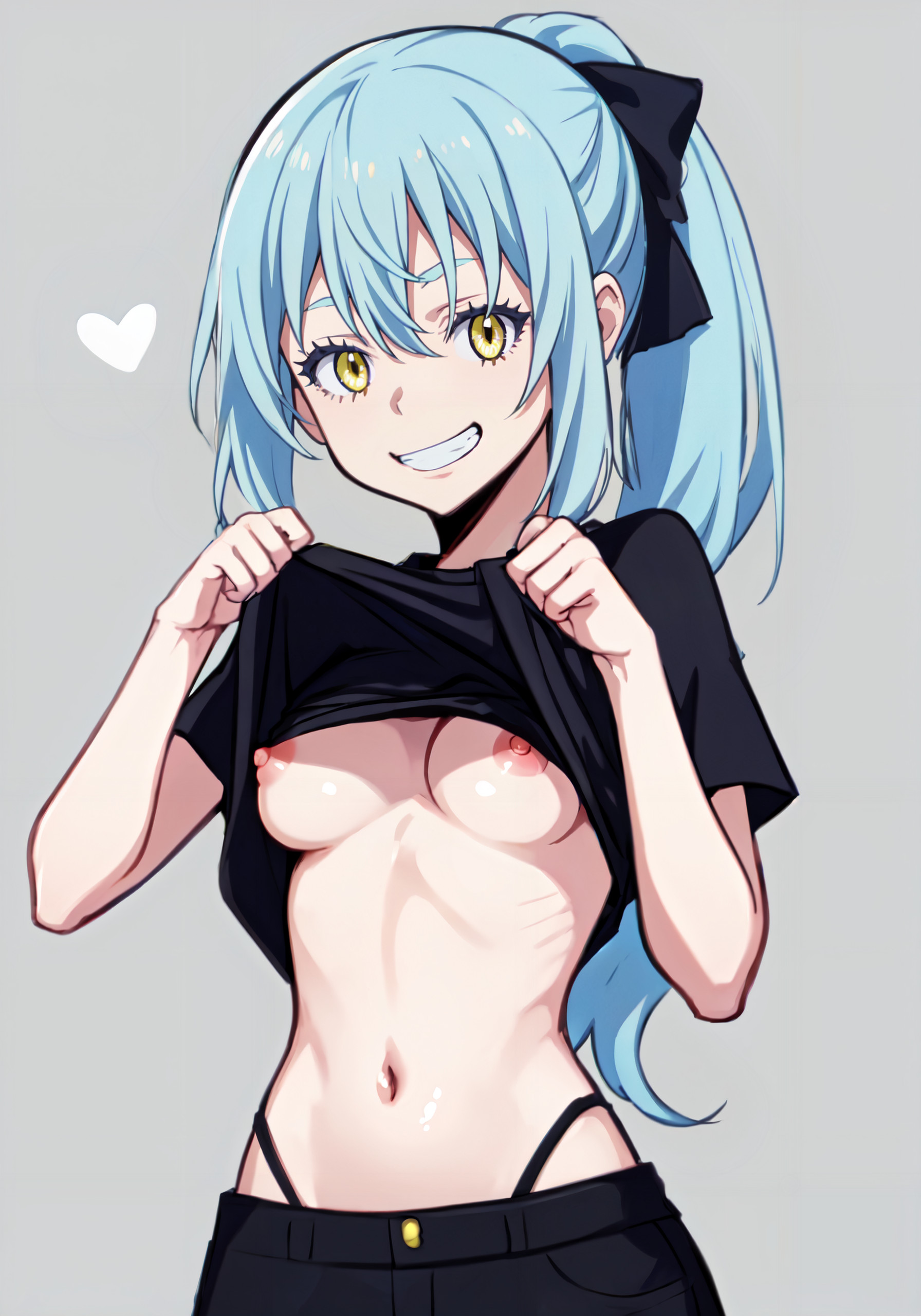 1girls, ai generated, breasts, breasts out, female, female only, genderswap, genderswap (mtf), grin, light blue hair, ponytail, rimuru tempest, rule 63, shirt lift, small breasts, solo, tensei shitara slime datta ken, yellow eyes
