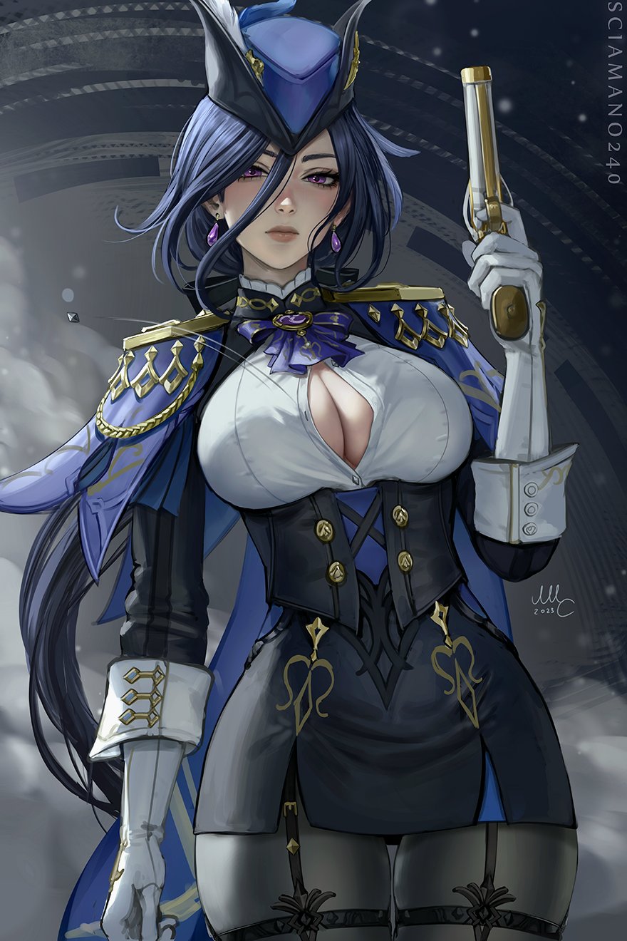 1girls big_breasts blue_clothing blue_hair boob_window busty button_down_shirt button_gap cape cleavage clorinde_(genshin_impact) earrings female female_only flying_button garter_straps genshin_impact gloves gun hat jewelry large_breasts long_hair long_sleeves looking_at_viewer popped_button purple_eyes sciamano240 standing tagme thigh_strap three-quarter_portrait white_gloves wide_hips